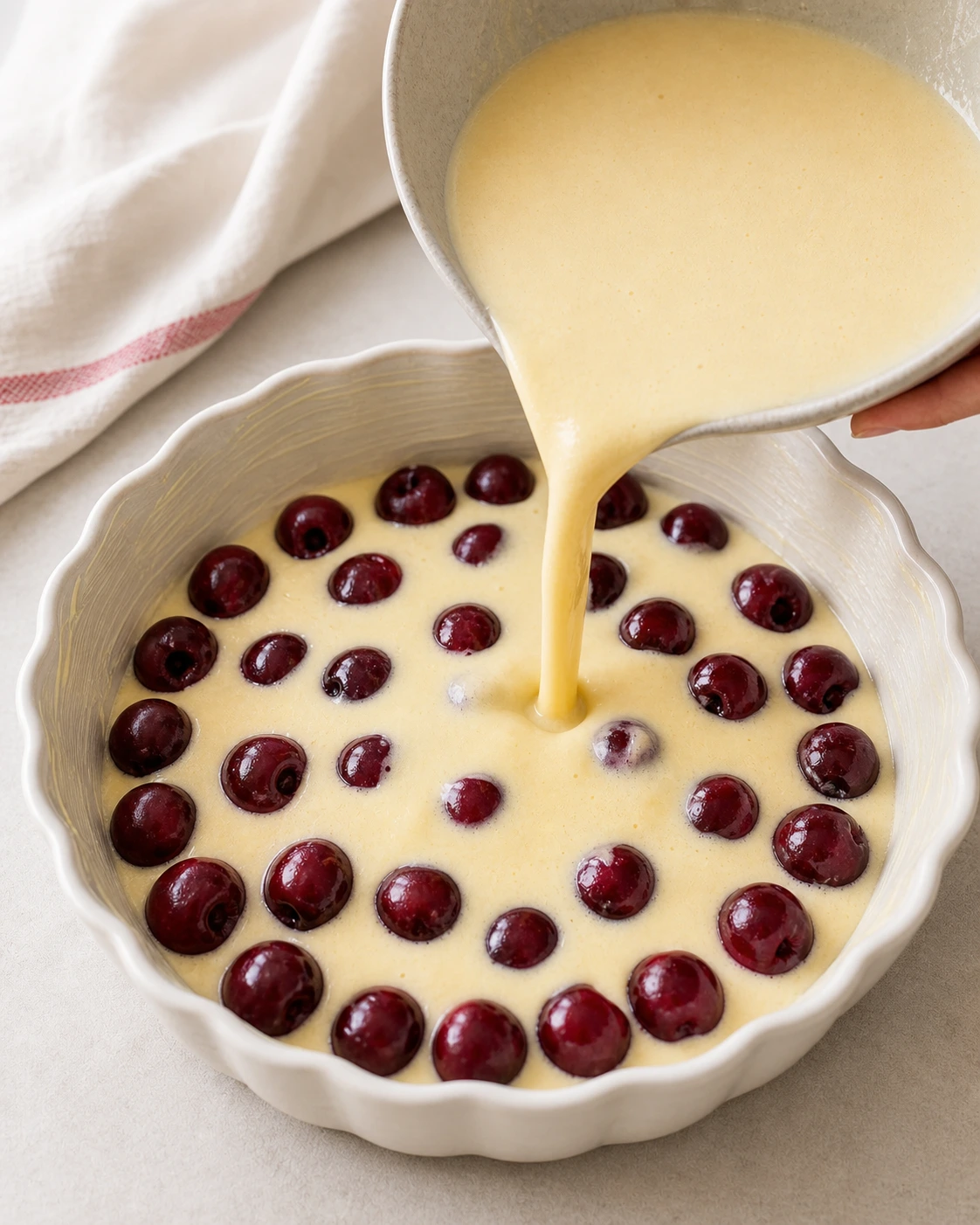 Appareil a clafoutis verse sur des cerises dans un moule beurre avant cuisson