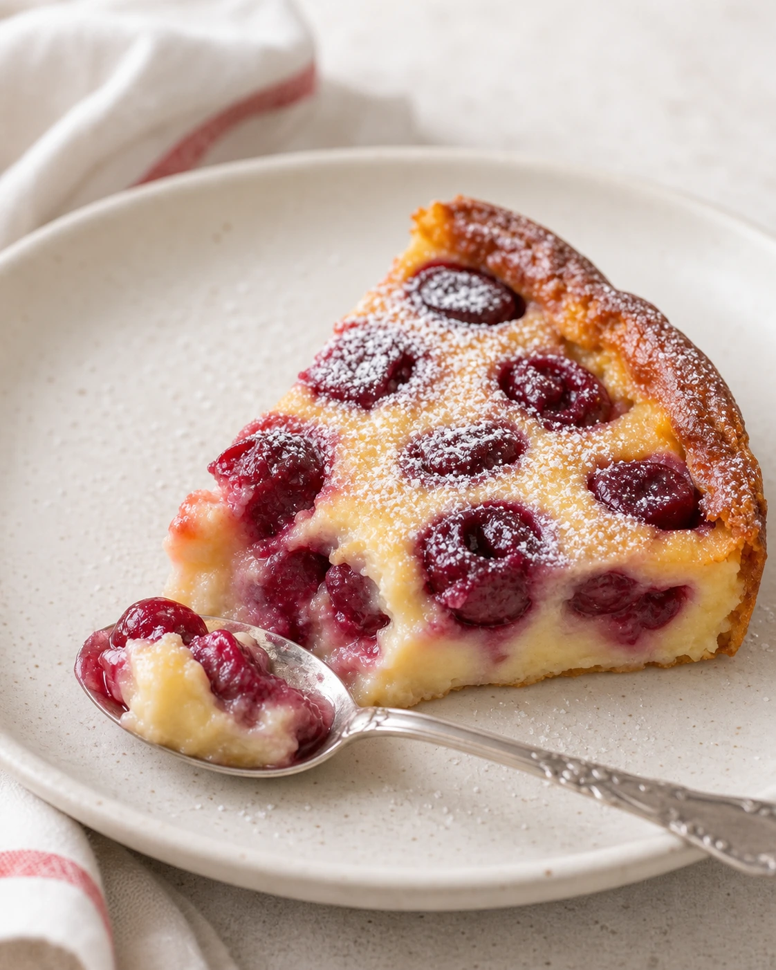 Part de clafoutis aux cerises servie en assiette avec texture moelleuse visible et leger sucre glace