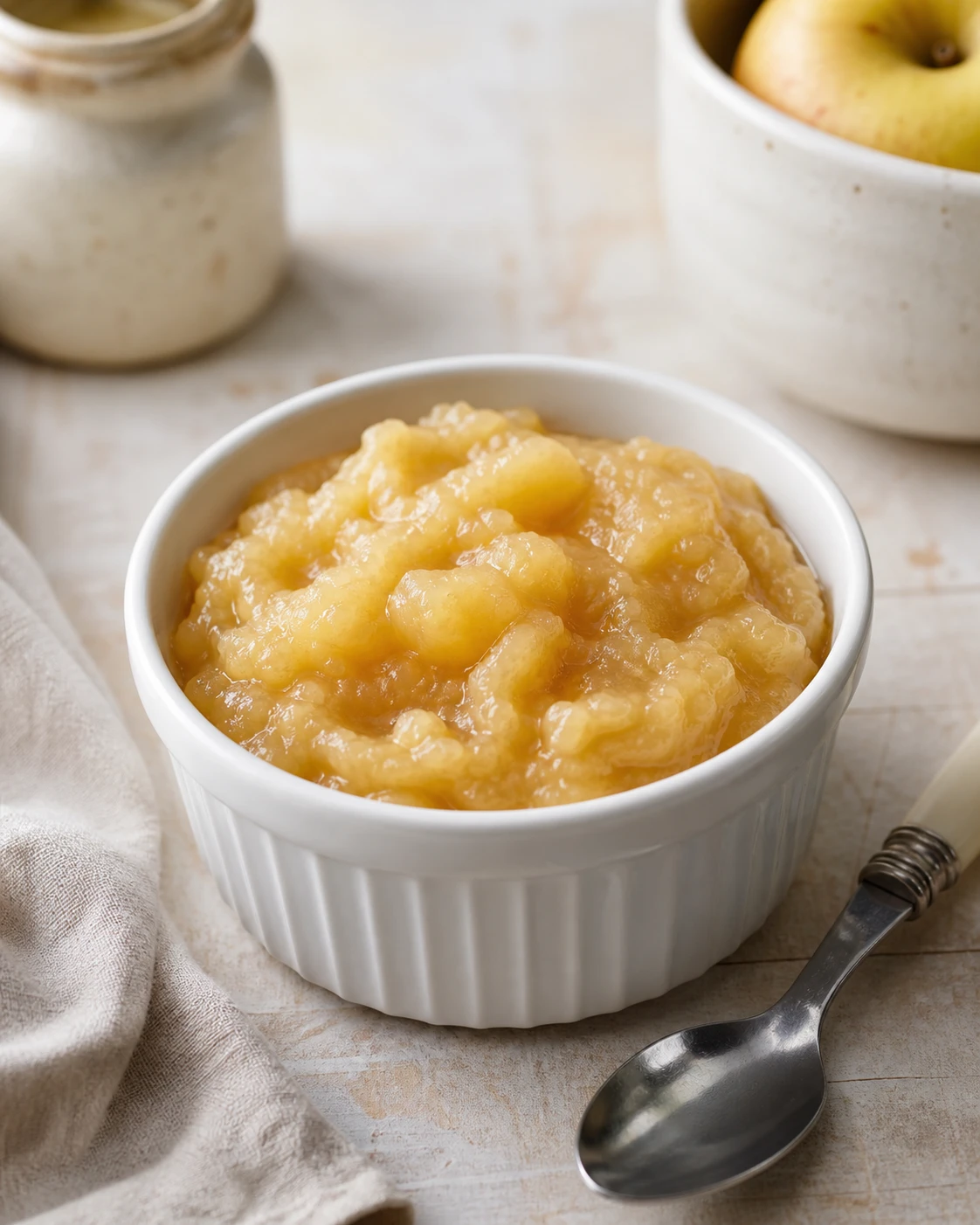 Compote de pommes maison servie dans un ramequin clair avec texture souple et quelques morceaux fondants