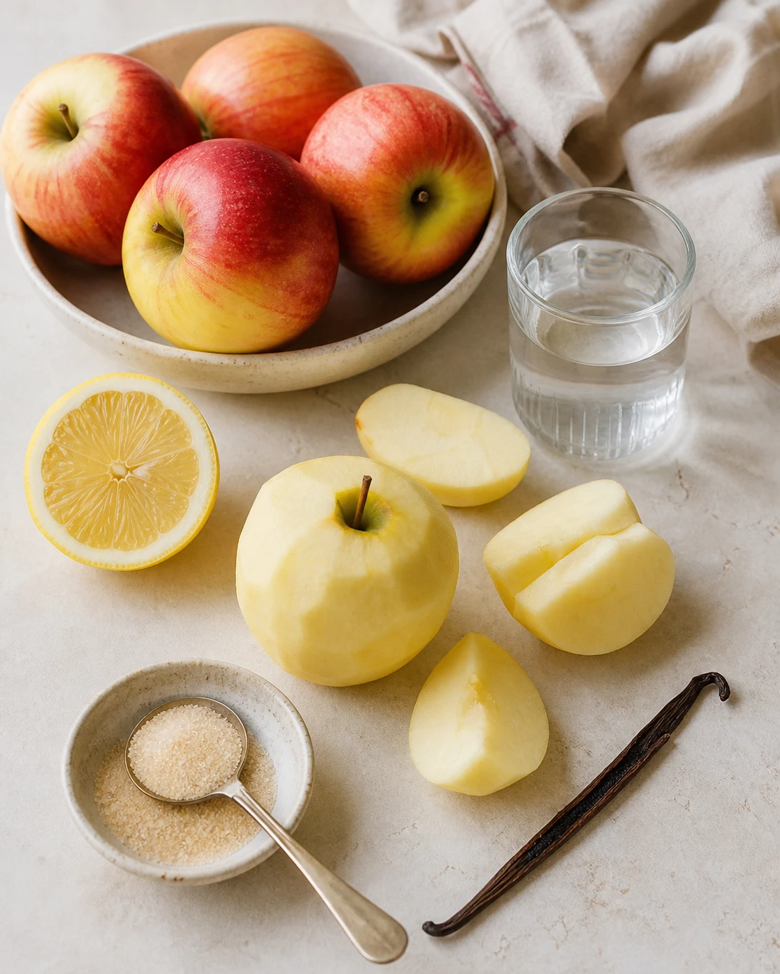 Ingredients de la compote de pommes maison avec pommes entieres, demi-citron, vanille et petit verre d’eau sur plan de travail clair