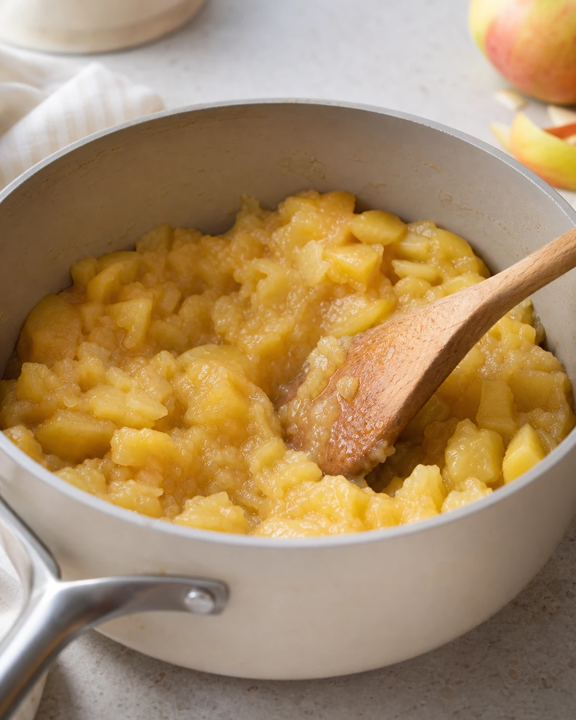 Pommes en train de compoter dans une casserole avec cuillere en bois et texture en cours d’ecrasement