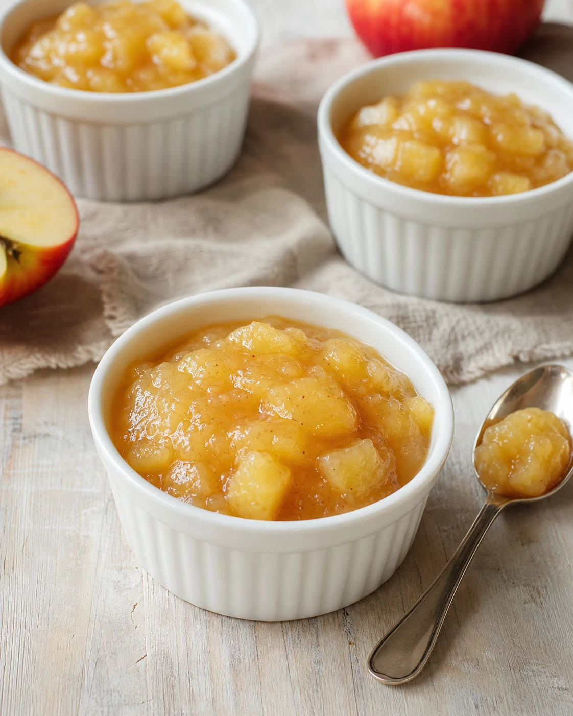 Petits ramequins de compote de pommes maison servis avec cuillere dessert sur table claire