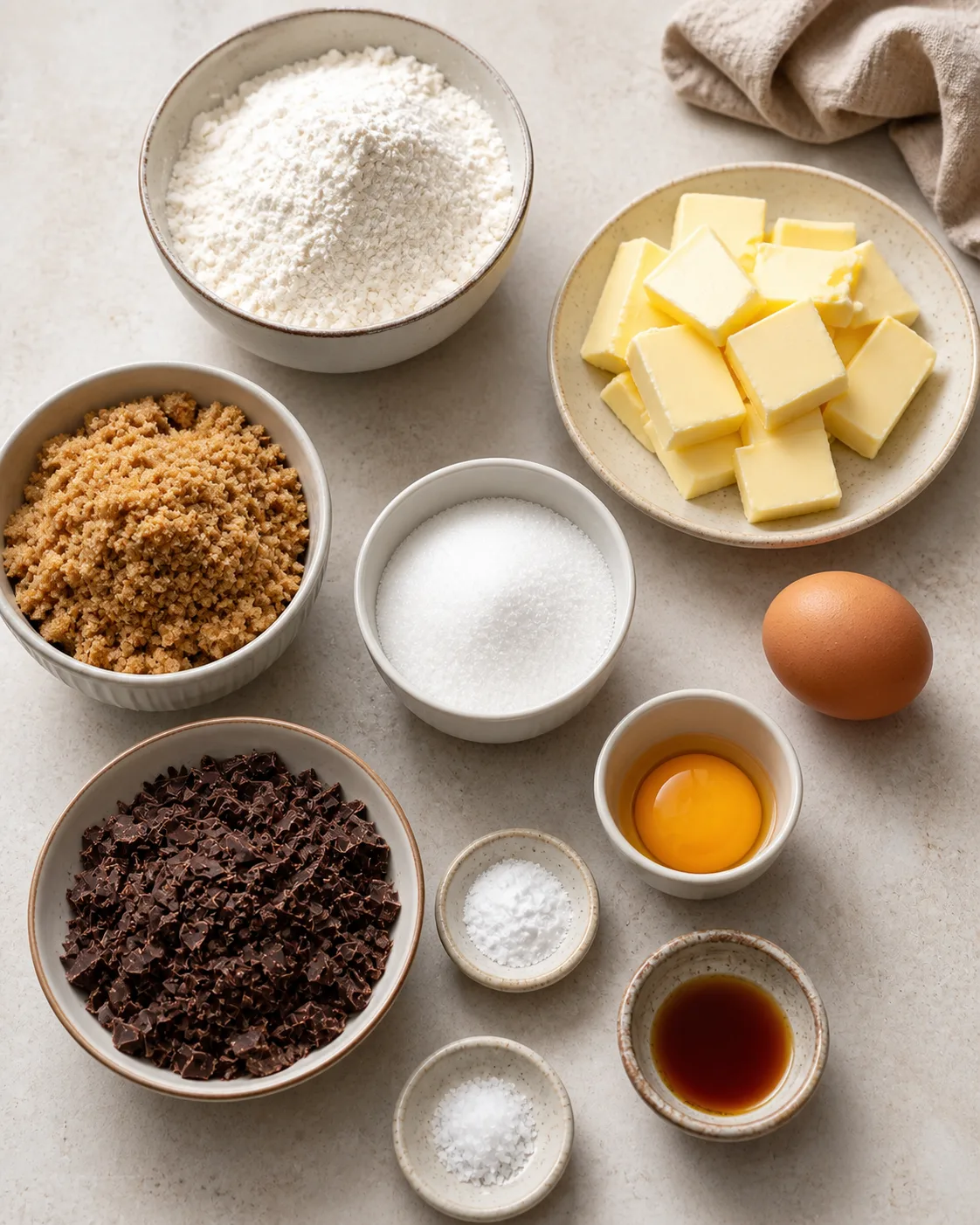 Ingredients pour cookies moelleux au chocolat avec beurre, cassonade, sucre, oeuf, farine, bicarbonate et chocolat concasse