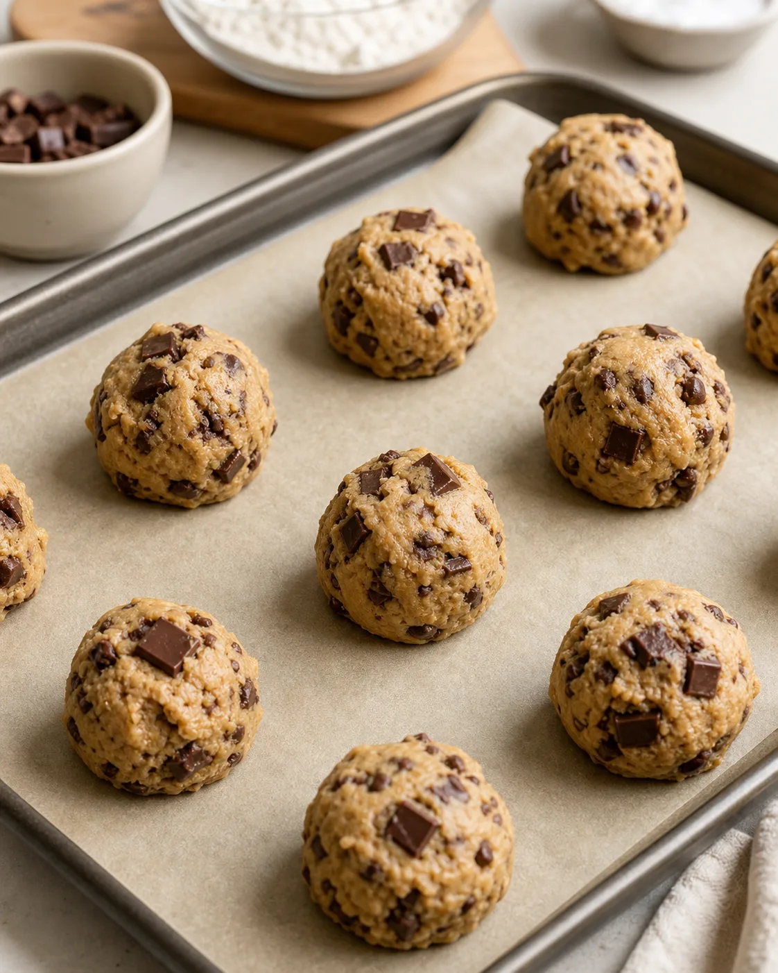 Boules de pate a cookies au chocolat bien hautes disposees sur une plaque avant cuisson