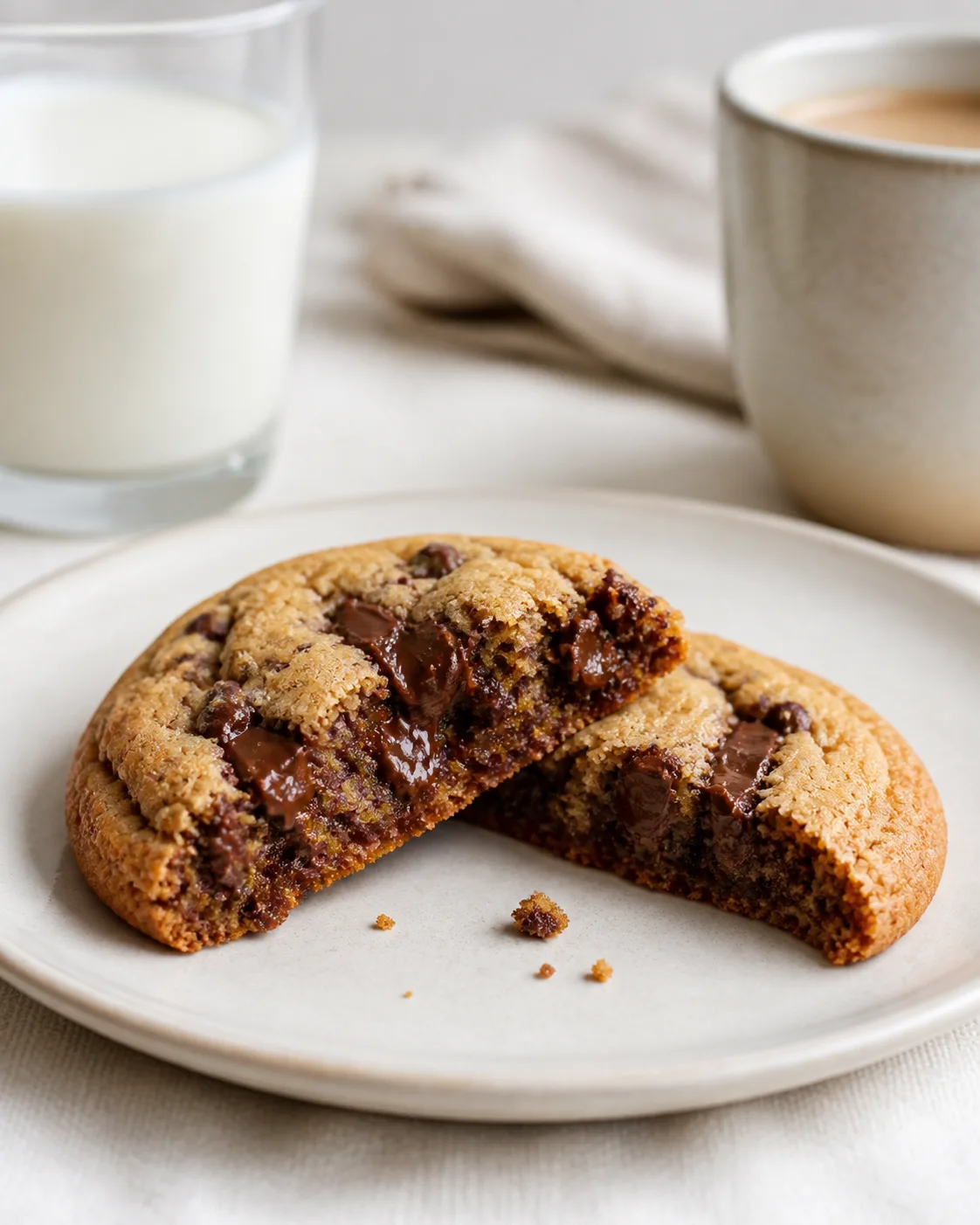 Cookie moelleux au chocolat casse en deux dans une petite assiette avec interieur tendre visible