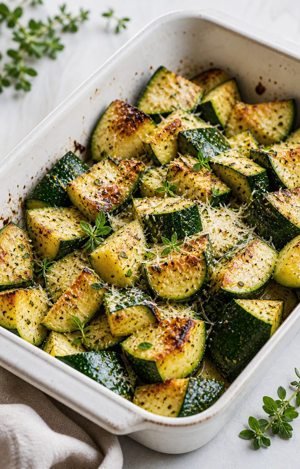 Courgettes au four dorées avec parmesan et herbes dans un plat clair sur table lumineuse