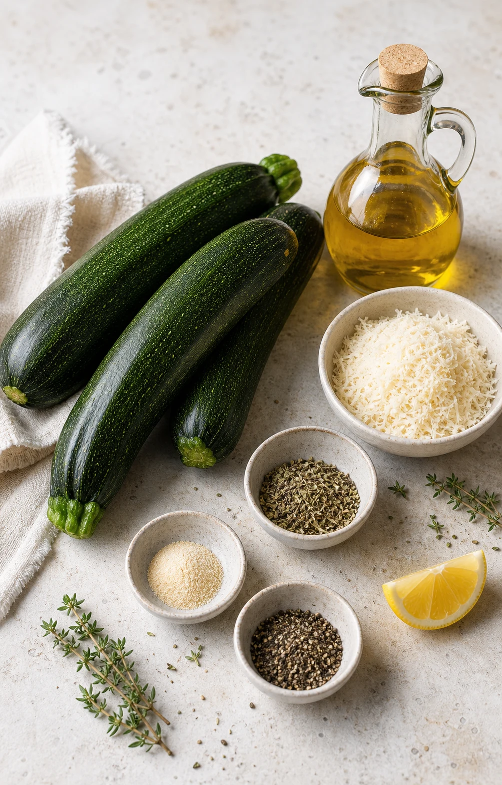 Ingrédients pour courgettes au four avec courgettes fermes, huile d’olive, parmesan, herbes, ail et citron sur plan de travail clair