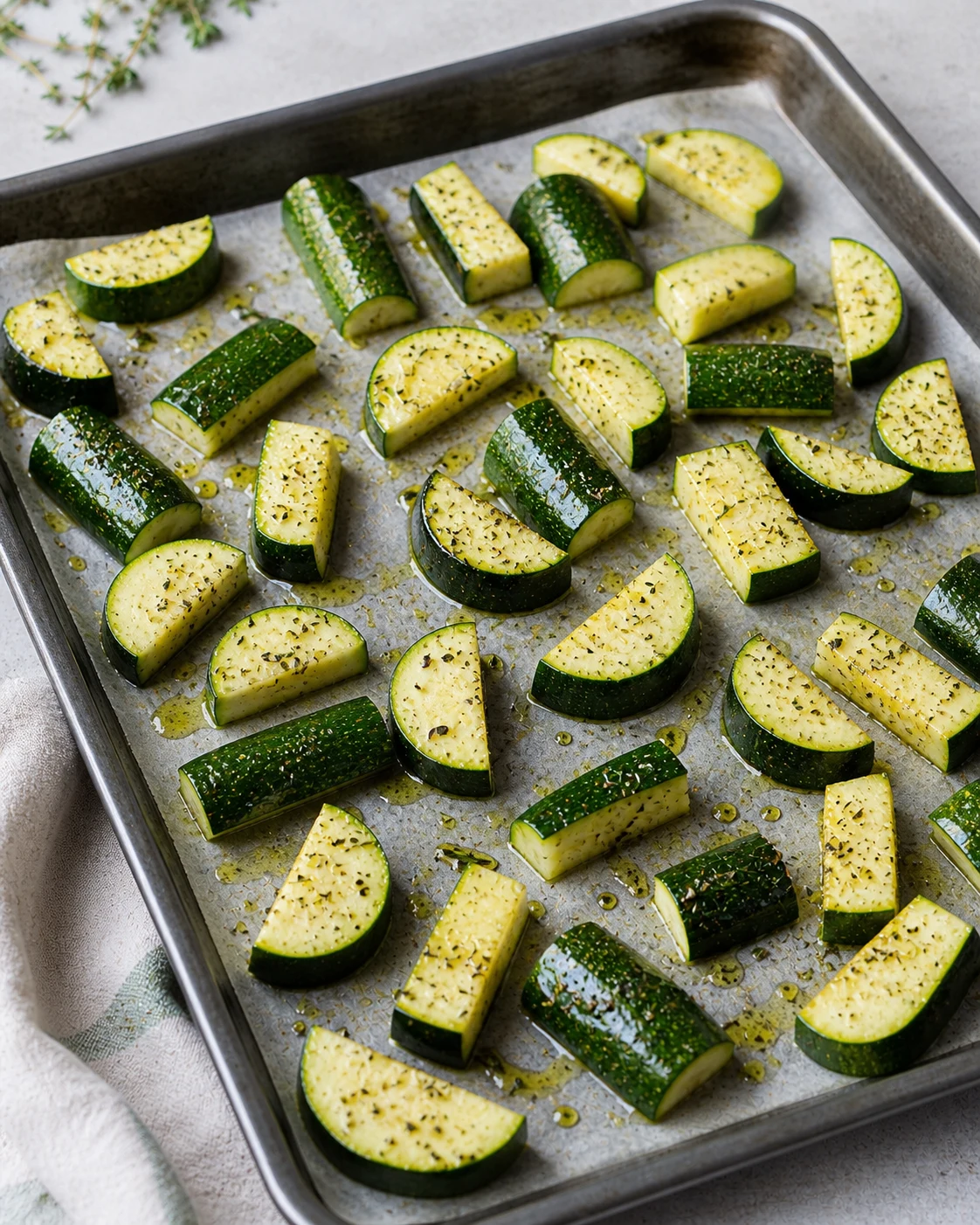 Morceaux de courgettes bien espacés sur une plaque avant cuisson avec huile, herbes et assaisonnement