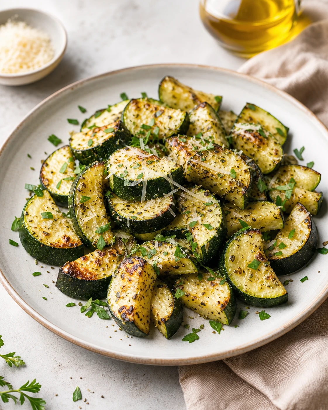 Courgettes au four servies en accompagnement avec herbes fraîches et parmesan légèrement fondu