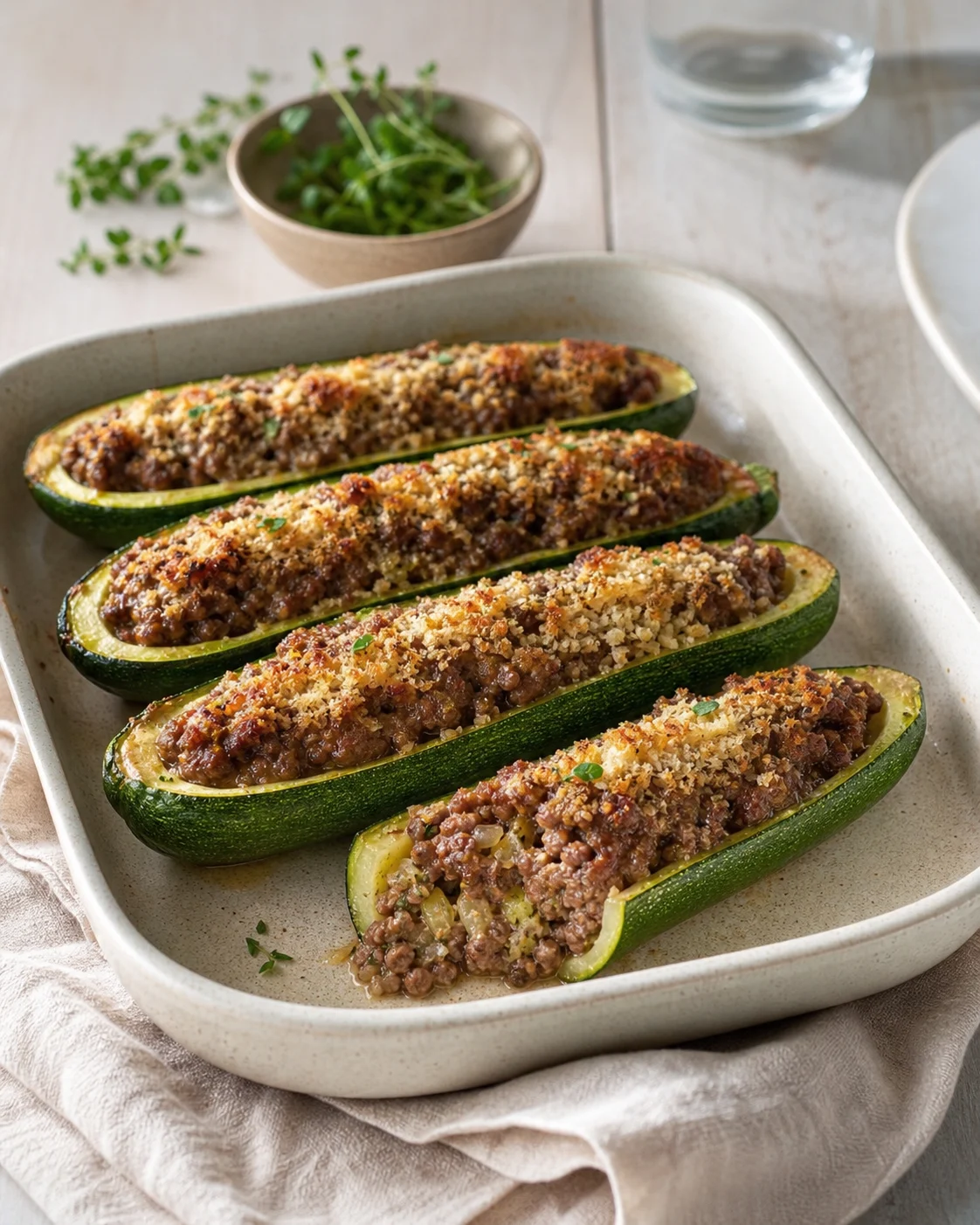 Quatre demi-courgettes farcies au four avec dessus doré et farce visible dans un plat clair