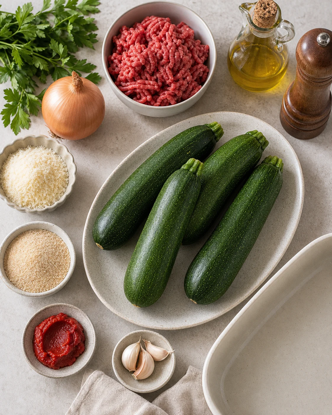 Ingrédients pour courgettes farcies au four avec courgettes, bœuf haché, oignon, ail, parmesan, chapelure et concentré de tomate