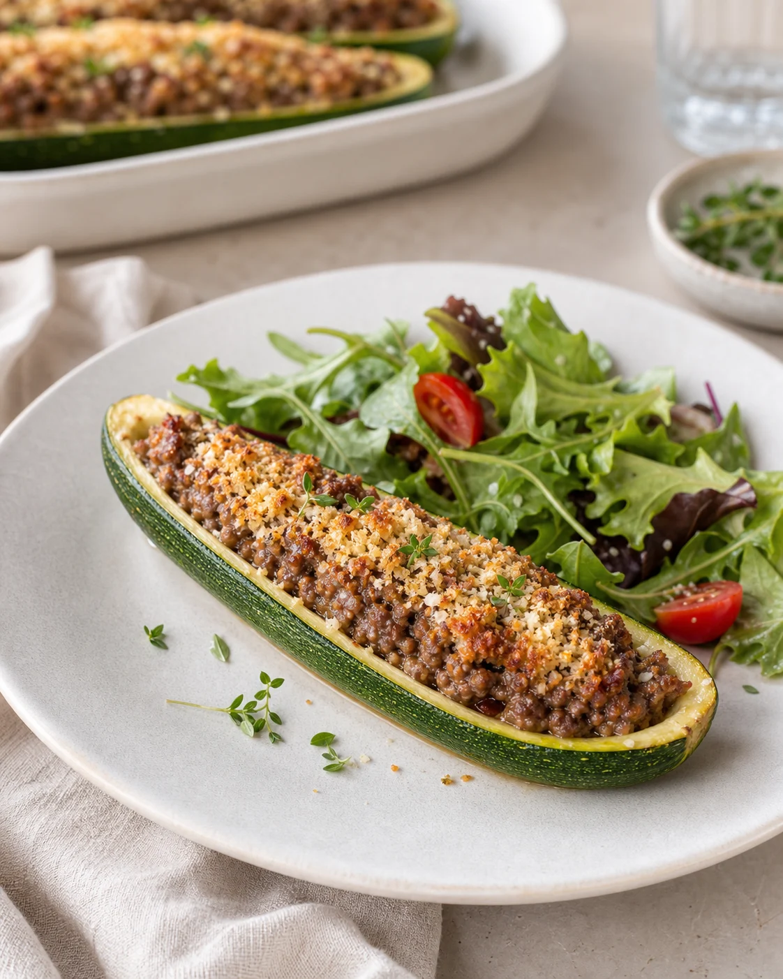 Une demi-courgette farcie servie dans une assiette claire avec salade verte