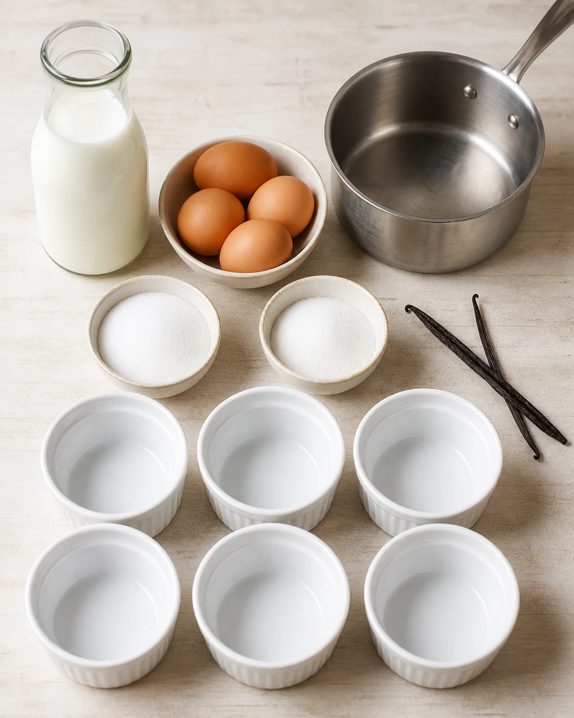 Ingredients de la creme caramel avec lait, oeufs, sucre, vanille, ramequins et casserole sur plan de travail clair