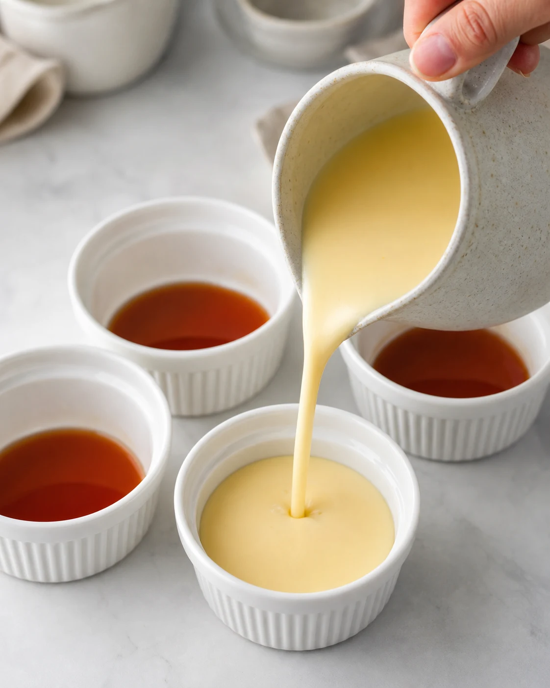 Caramel ambre dans des ramequins et appareil a creme filtre pret a etre verse