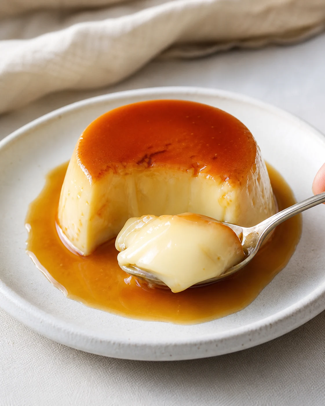 Creme caramel maison servie en assiette avec caramel fluide autour et cuillere dessert