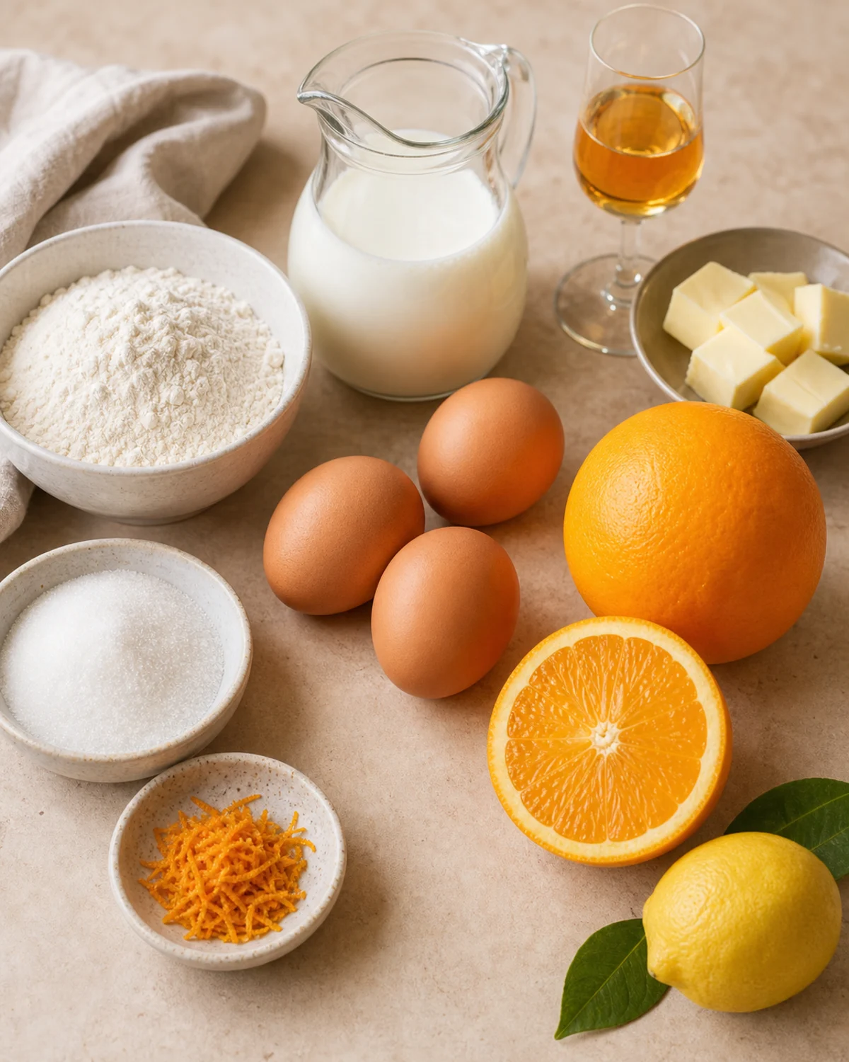 Ingrédients pour crêpes Suzette avec farine, œufs, lait, beurre, oranges, citron, sucre et liqueur facultative