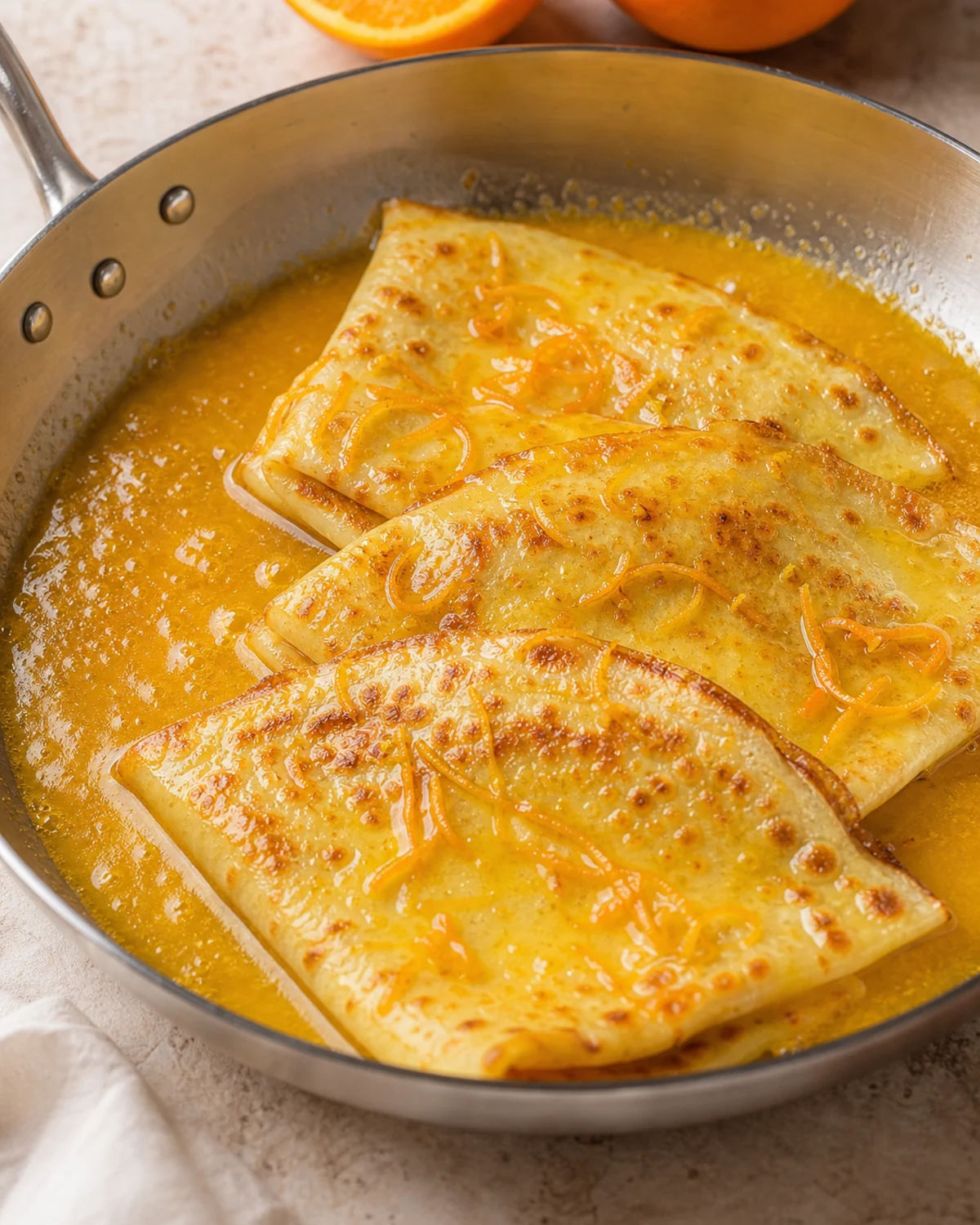 Crêpes Suzette pliées en train de napper dans une sauce orange brillante à la poêle