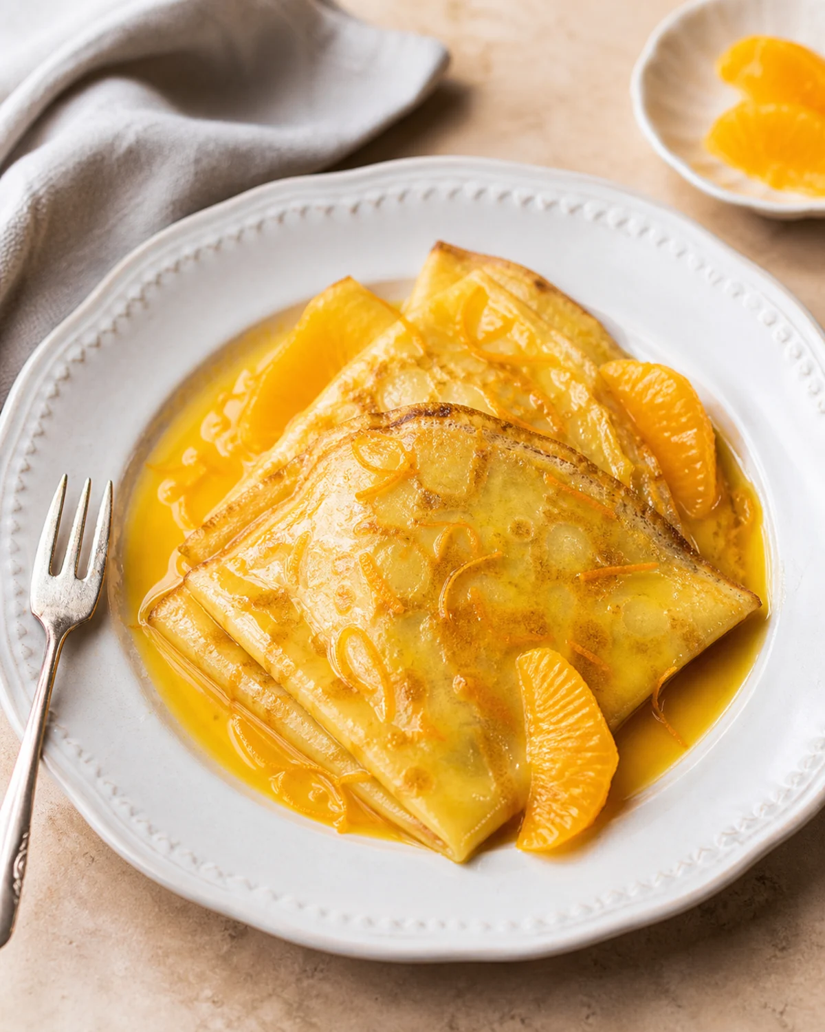 Crêpes Suzette servies avec sauce orange, zestes, segments d’orange et fourchette à dessert