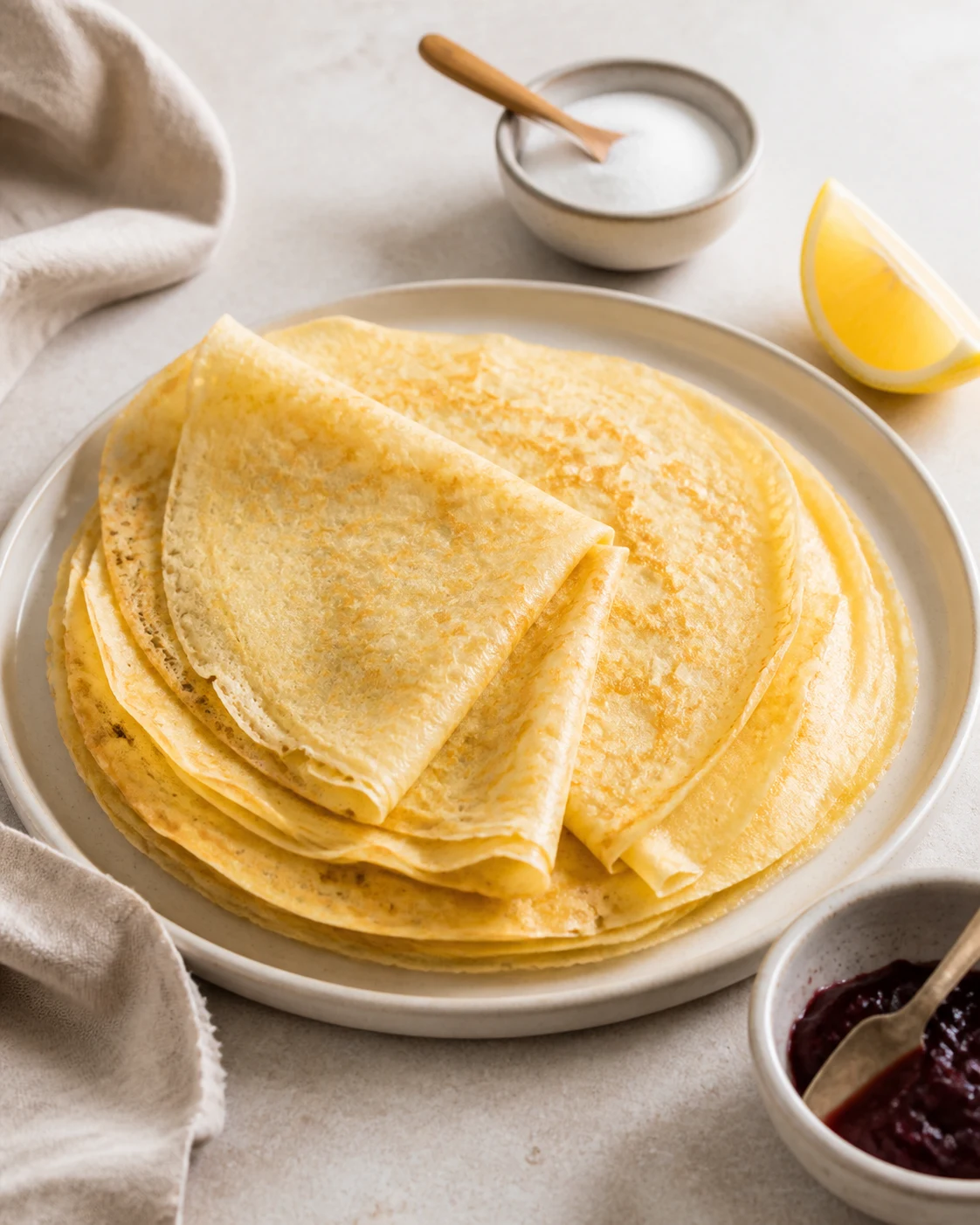 Pile de crêpes fines et dorées servies avec citron, sucre et petit pot de confiture sur table claire