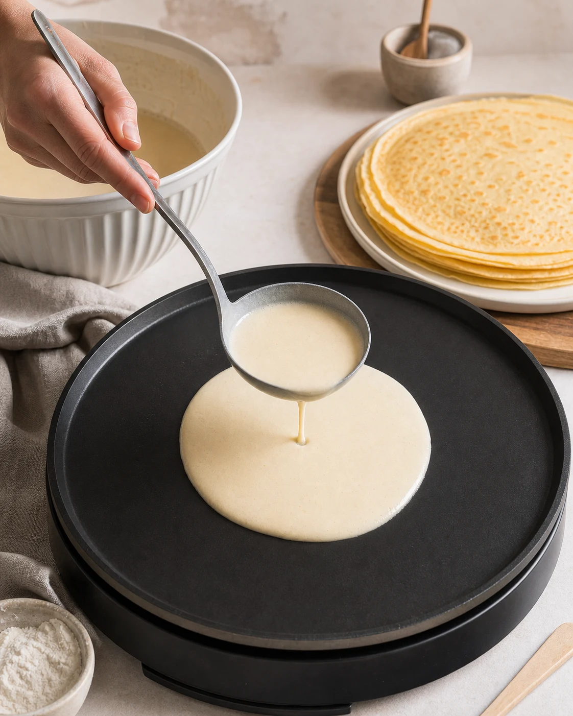 Pâte à crêpes versée sur une grande crêpière noire avec une pile de crêpes fines en arrière-plan