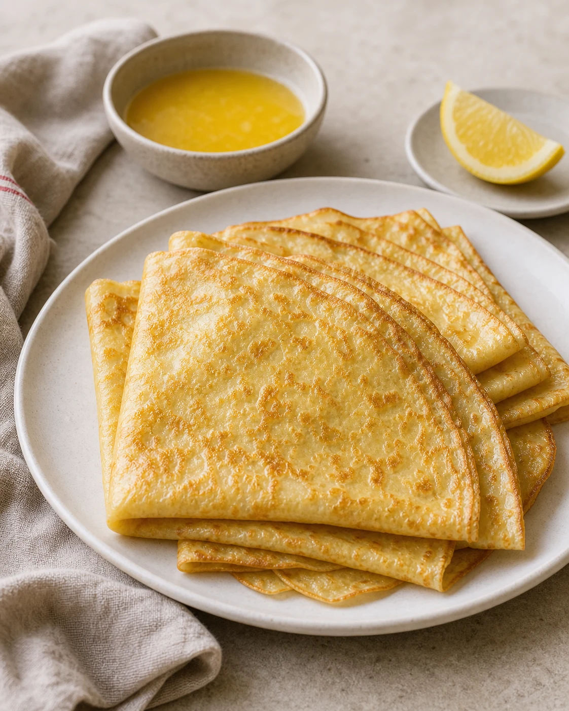Crêpes fines et dorées façon Paul Bocuse pliées sur une assiette avec beurre fondu et citron