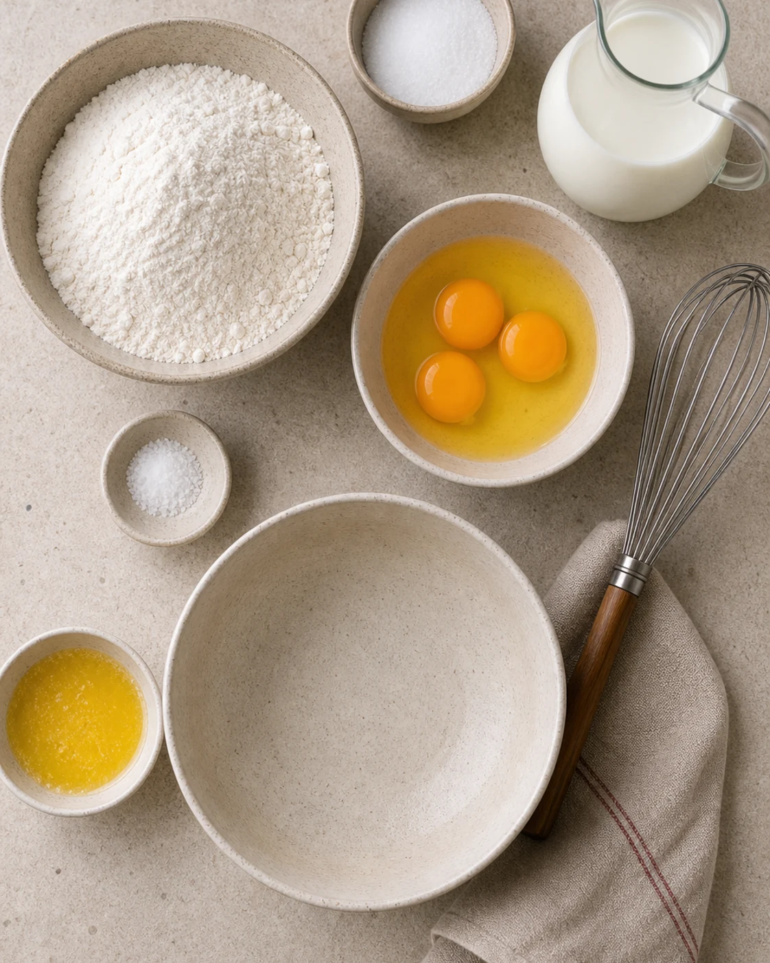 Ingrédients pour crêpes façon Paul Bocuse avec farine, œufs, lait, beurre fondu, sucre, sel et fouet