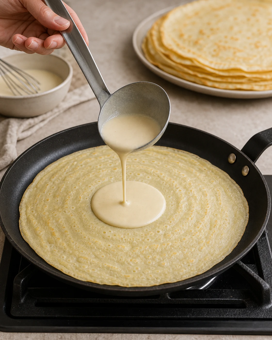 Pâte à crêpes versée dans une poêle chaude pour cuire une crêpe fine et régulière