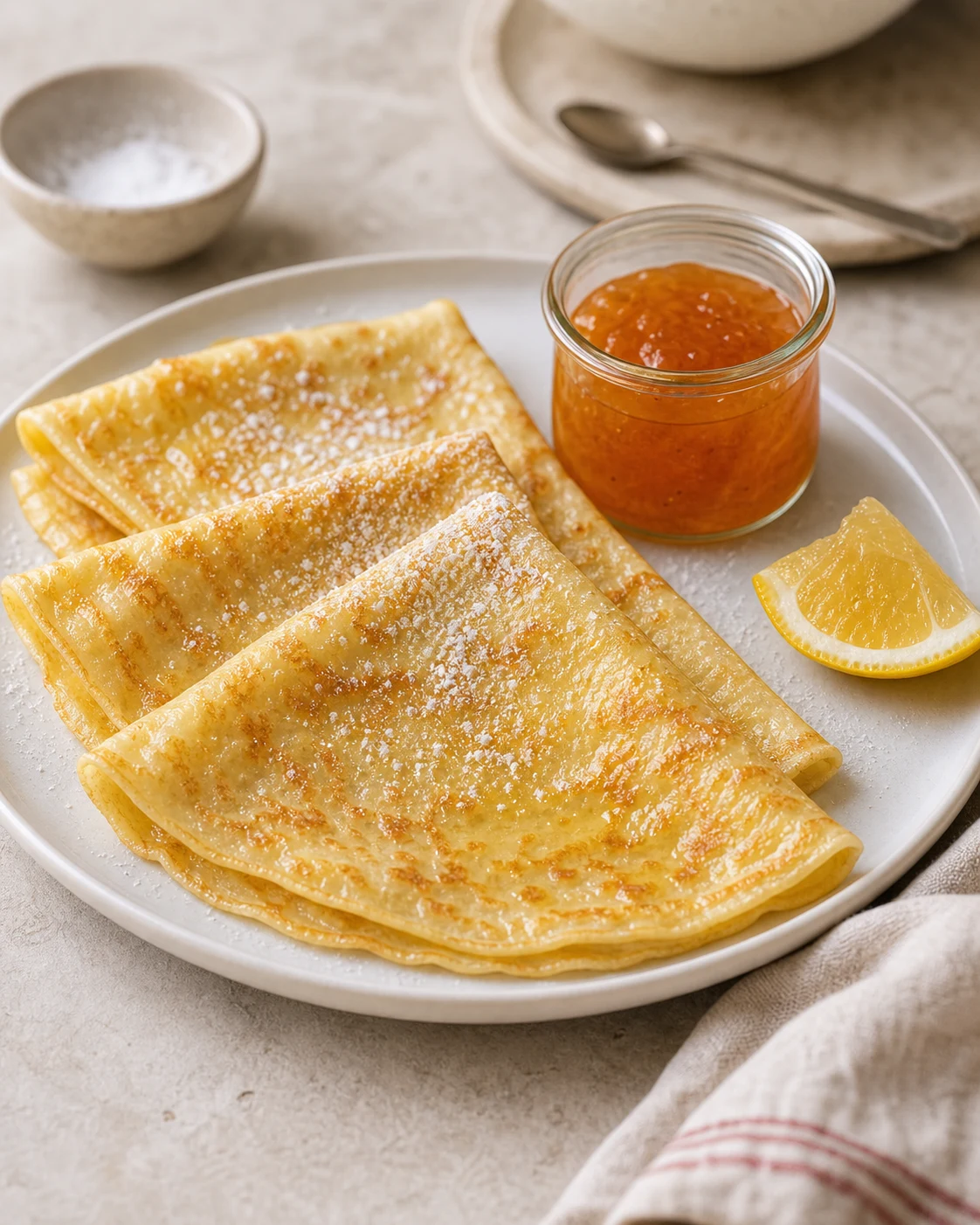 Crêpes façon Paul Bocuse pliées et servies avec sucre, citron et confiture sur assiette claire