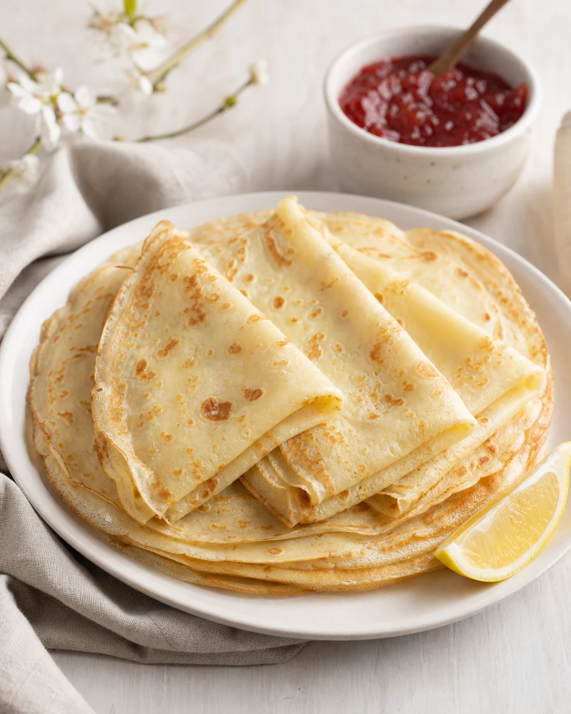 Pile de crêpes sans gluten fines et dorées, servies avec citron et confiture