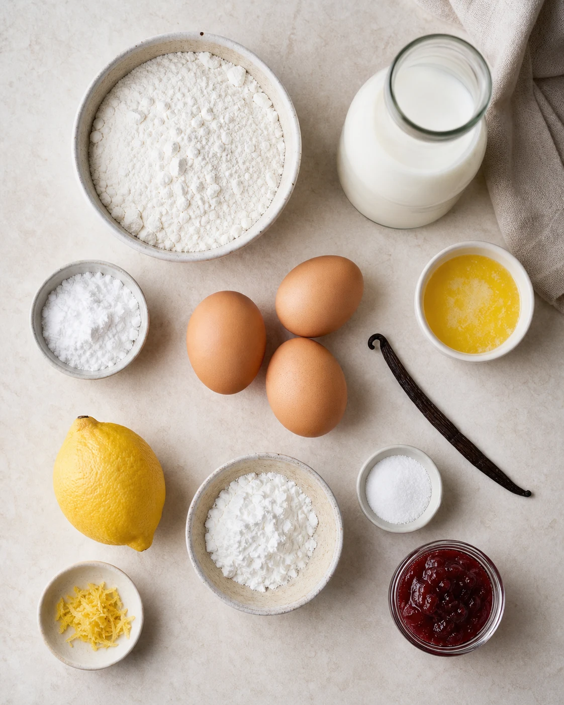 Ingrédients pour crêpes sans gluten avec farine de riz, fécule de maïs, œufs, lait, beurre, vanille et confiture