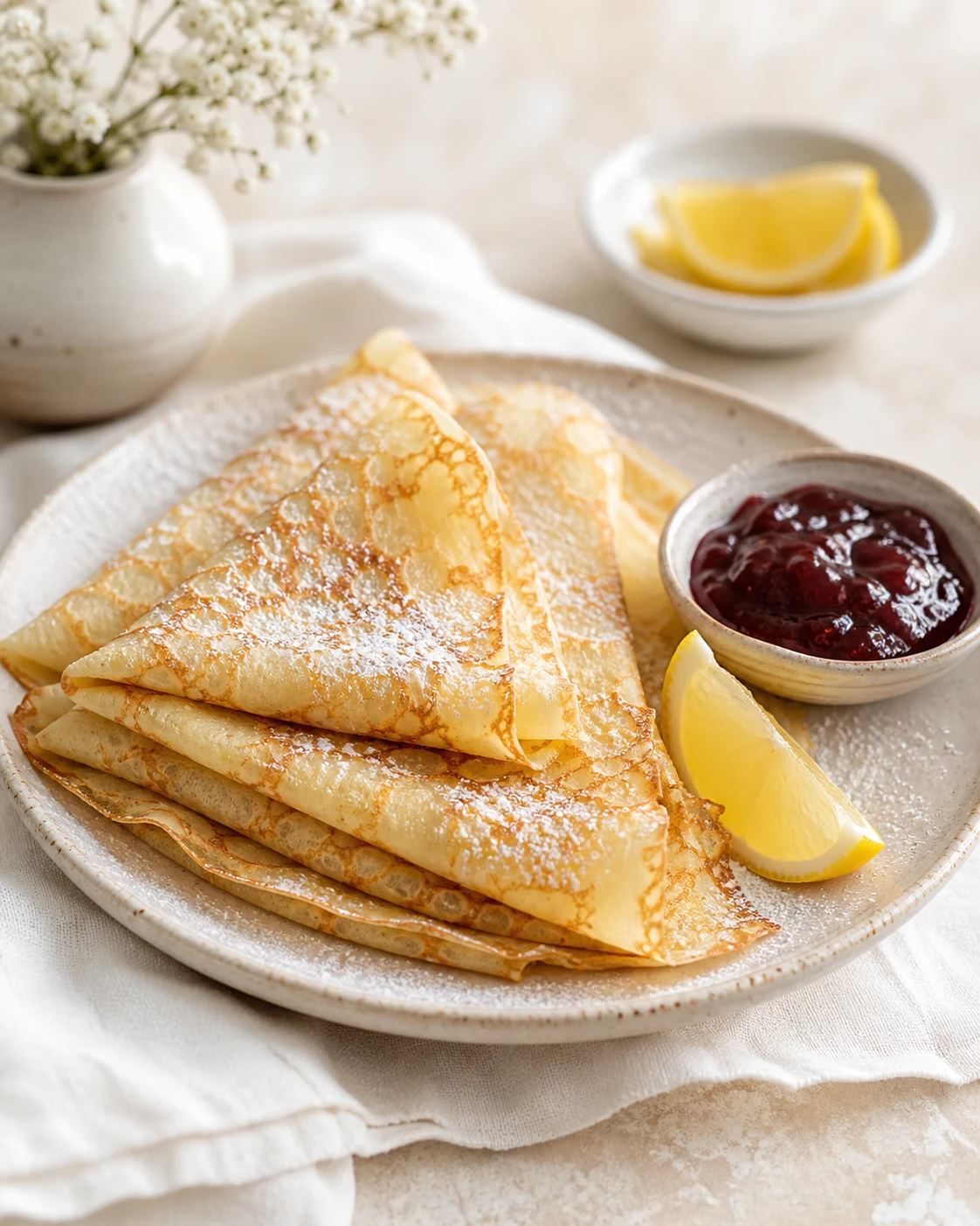 Pile de crêpes sans lait pliées, servies avec citron, sucre glace et confiture