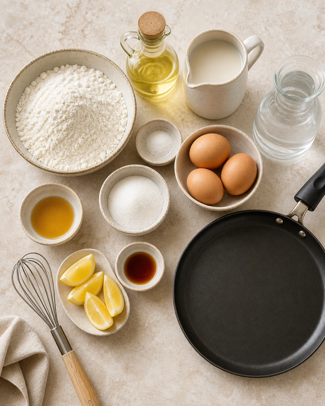 Ingrédients pour crêpes sans lait avec farine, œufs, eau, lait végétal, huile, citron et poêle
