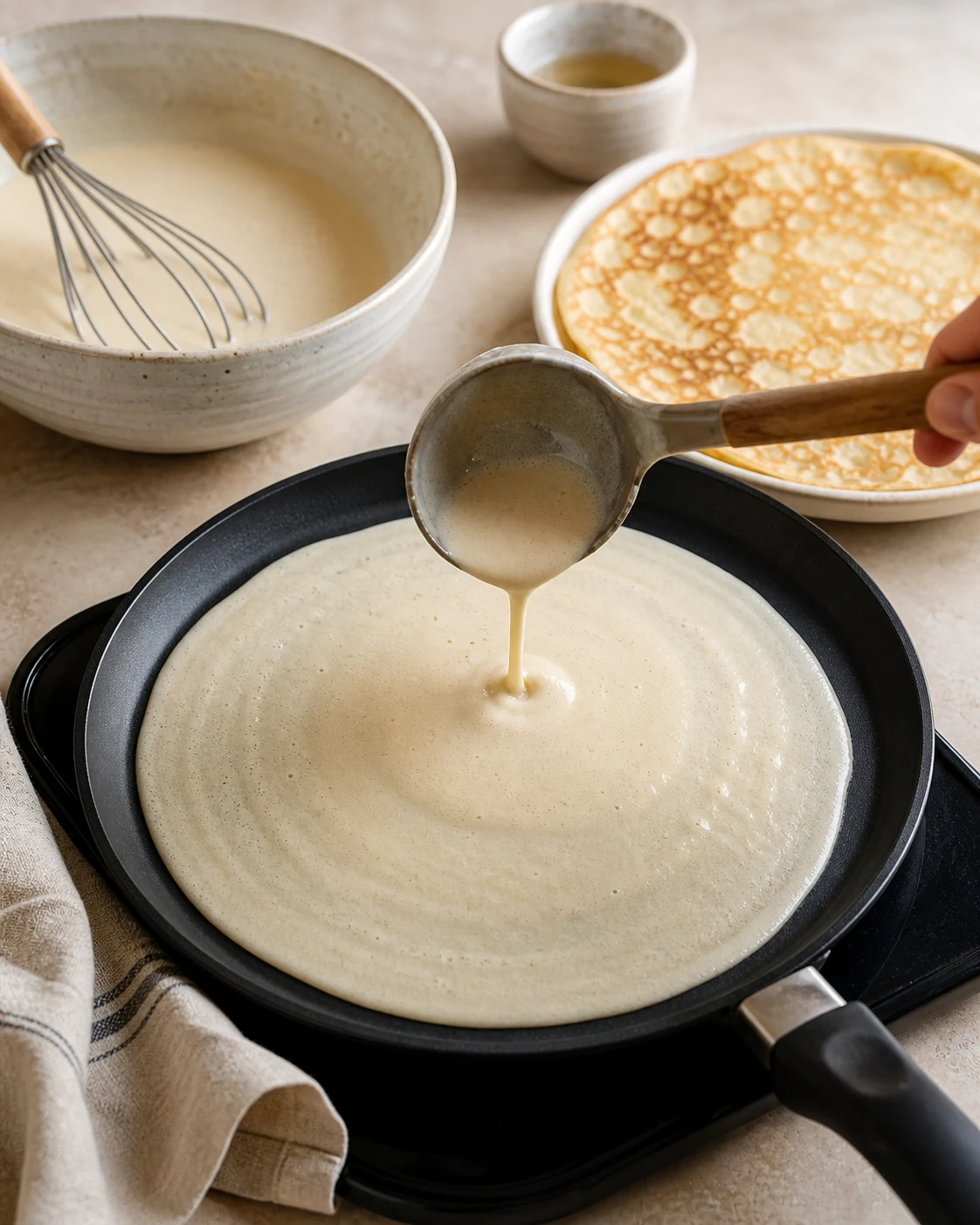 Pâte à crêpes sans lait versée dans une poêle chaude avec une première crêpe déjà cuite