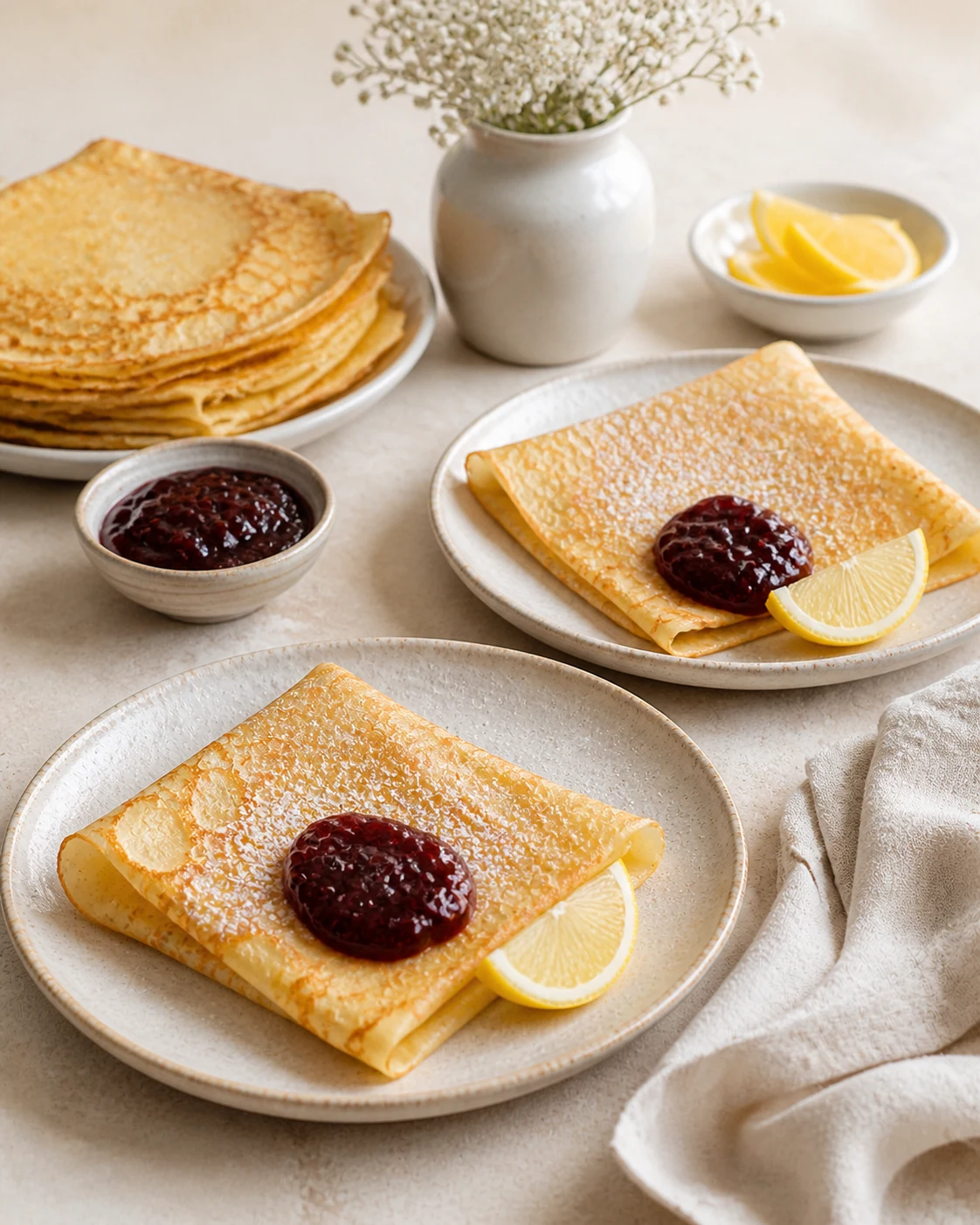 Crêpes sans lait servies sur des assiettes avec confiture de fruits rouges et quartiers de citron