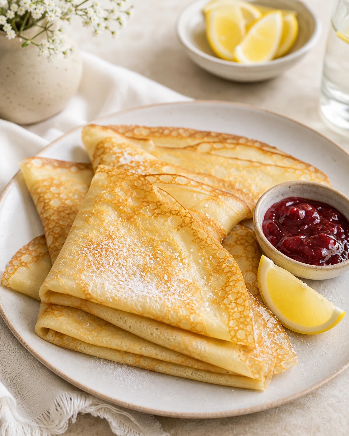 Pile de crêpes sans œuf pliées avec sucre glace, citron et confiture de fruits rouges