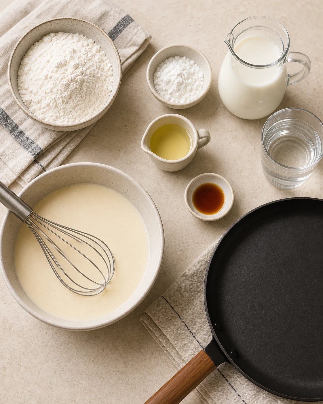 Ingrédients pour crêpes sans œuf avec farine, fécule de maïs, lait, eau, huile, vanille et ustensiles