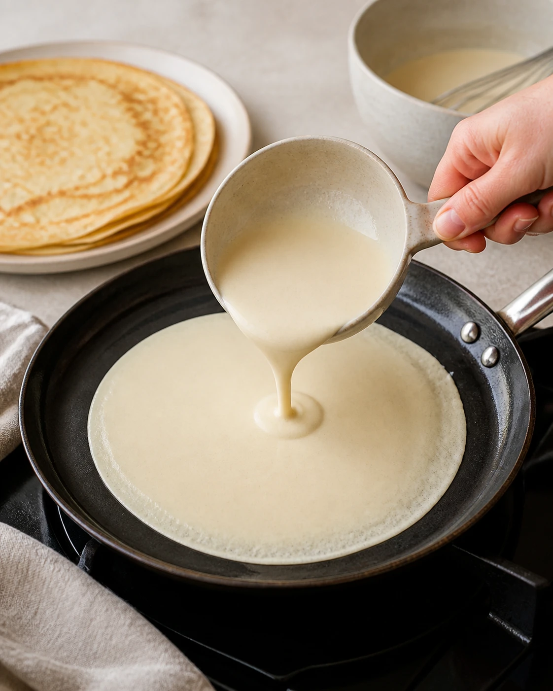Pâte à crêpes sans œuf fouettée puis versée en fine couche dans une poêle chaude