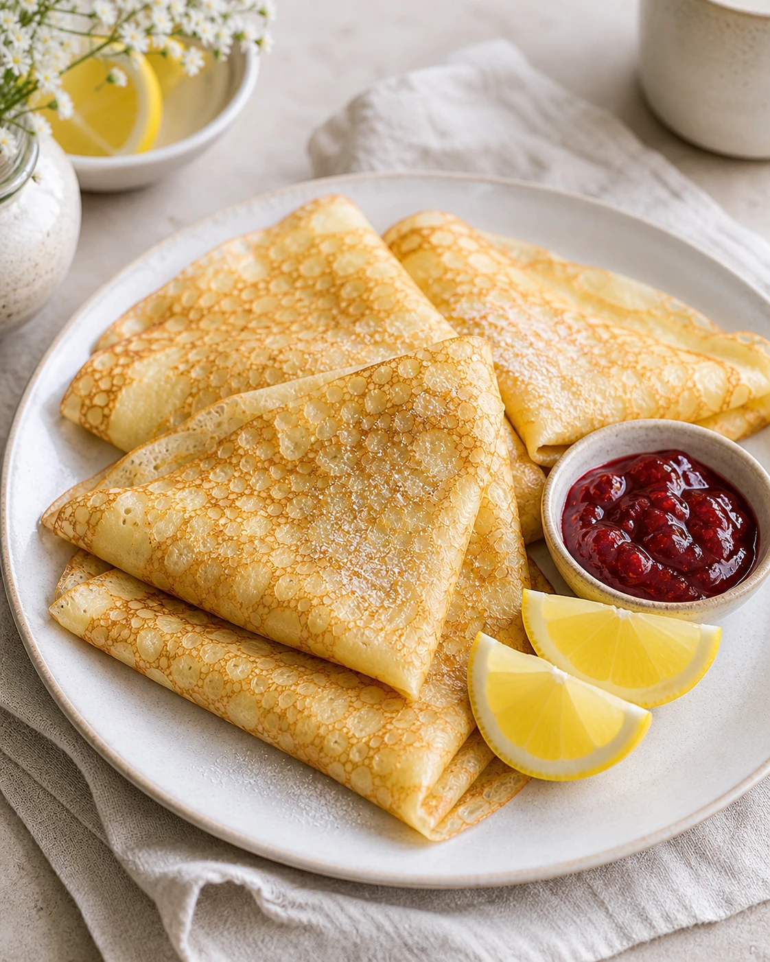 Crêpes sans œuf servies pliées avec quartiers de citron, fruits rouges et sucre glace