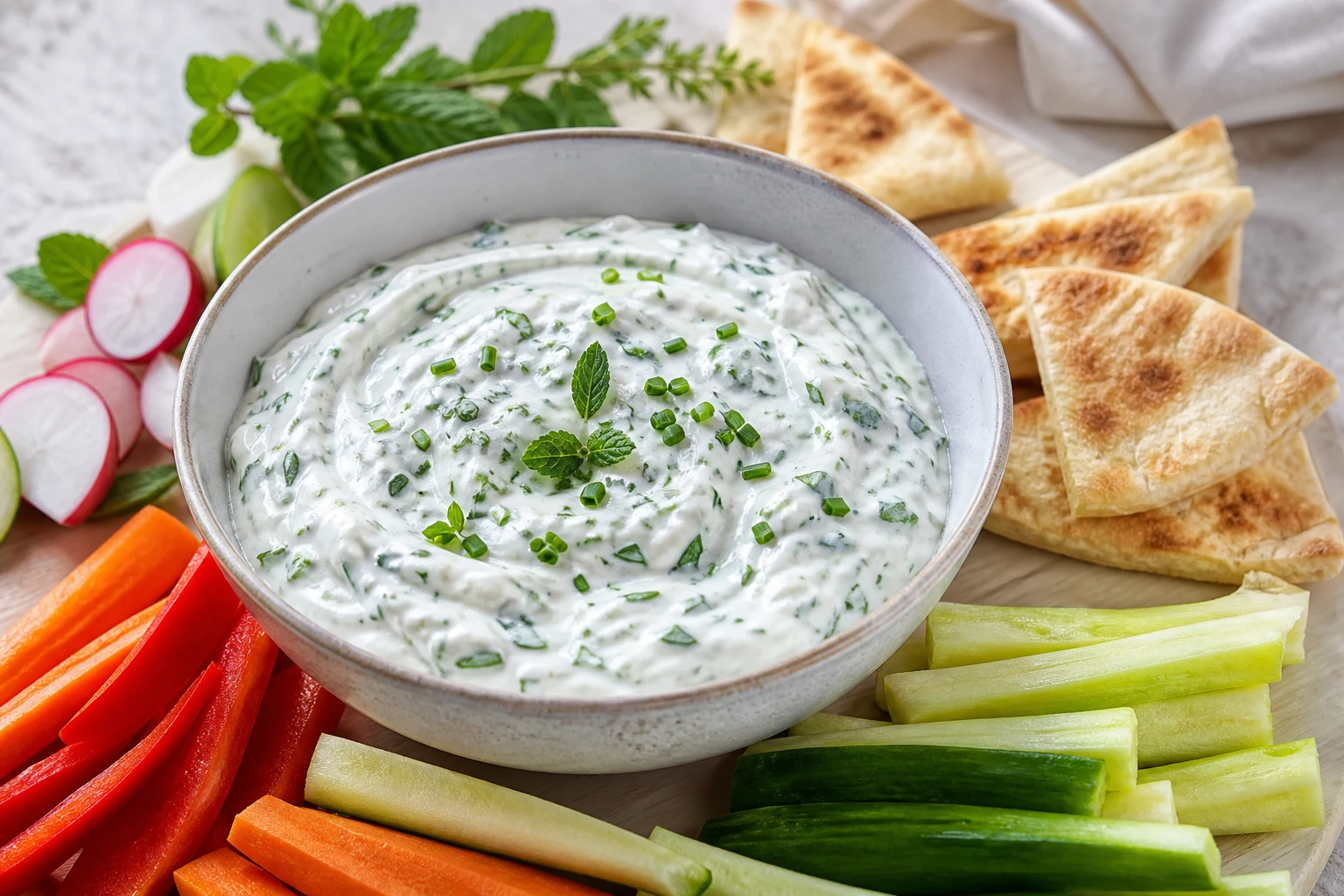 Bol de dip au yaourt et herbes fraîches servi avec crudités et triangles de pita grillés sur planche claire
