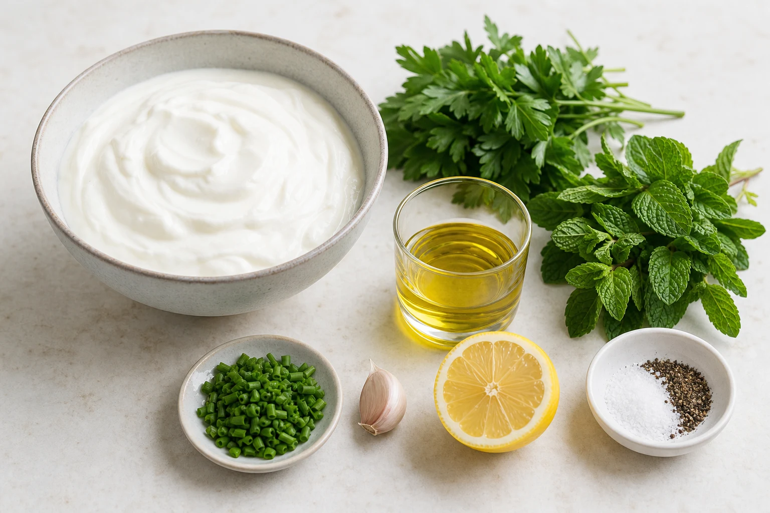 Ingrédients pour dip au yaourt avec yaourt épais, herbes fraîches, citron, ail, huile d’olive, sel et poivre sur plan de travail clair