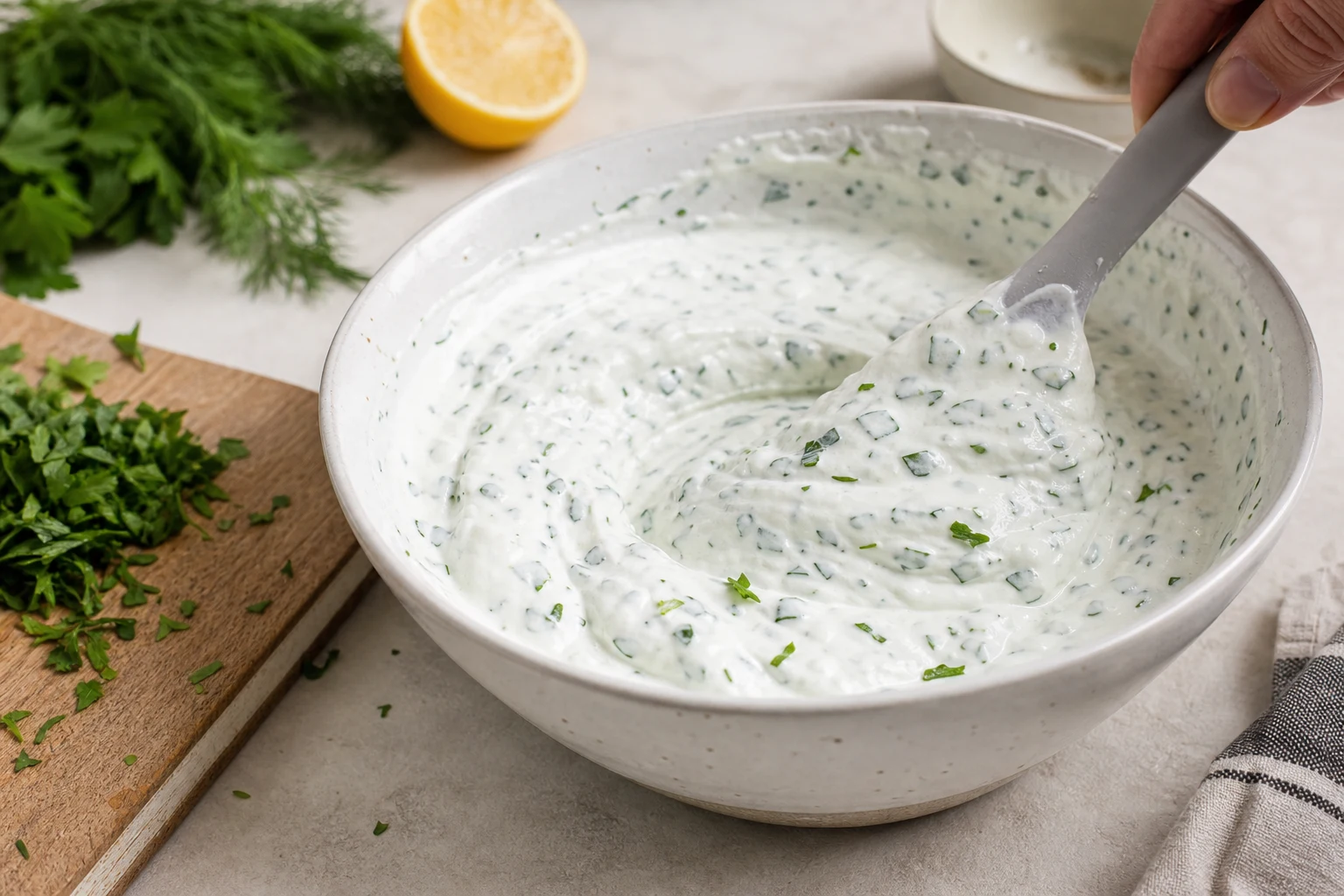 Dip au yaourt et herbes fraîches en cours de mélange dans un bol avec spatule et herbes ciselées à côté