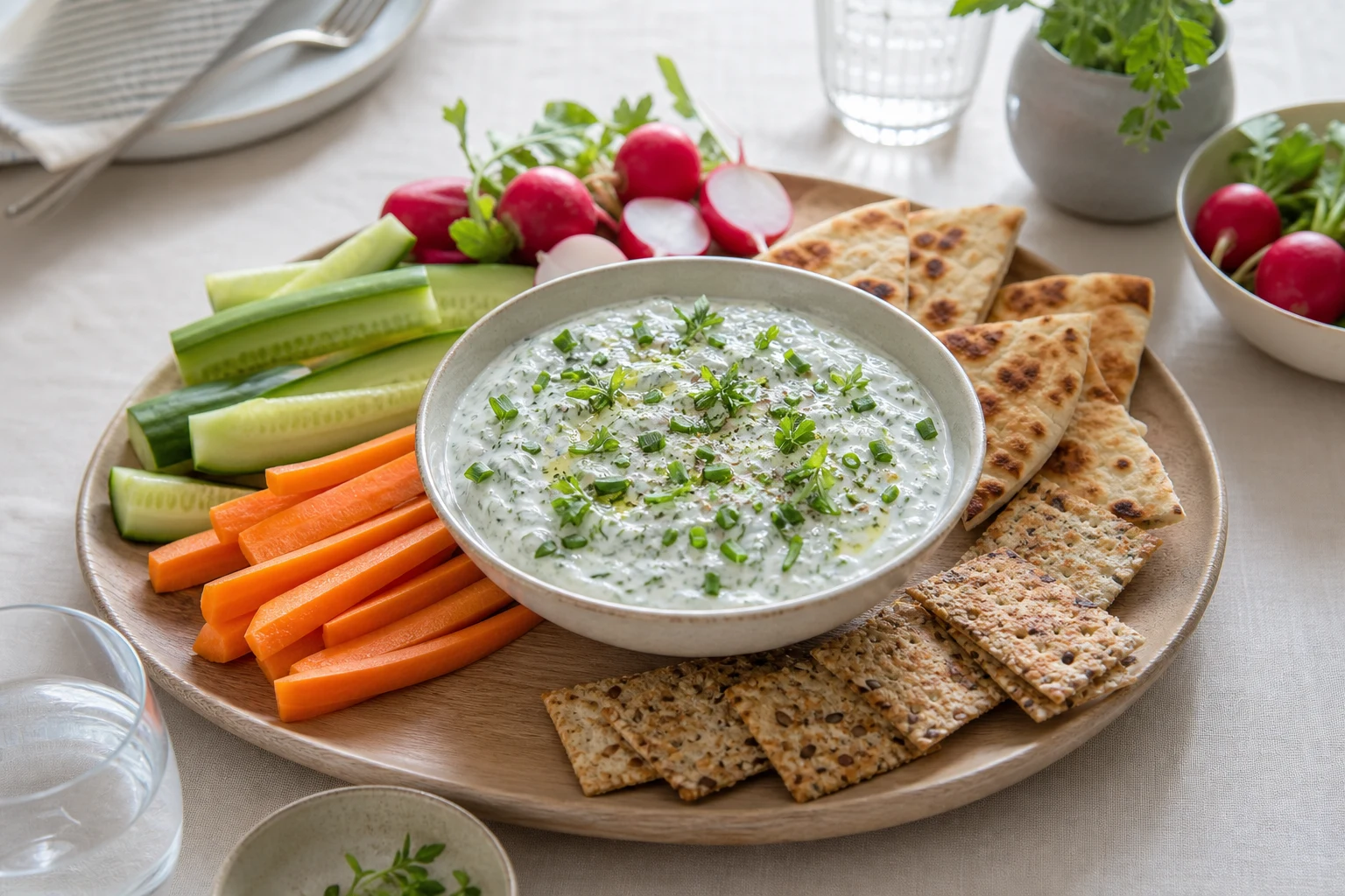 Dip au yaourt servi à l’apéritif avec bâtonnets de carotte, concombre, radis, crackers et triangles de pita grillés