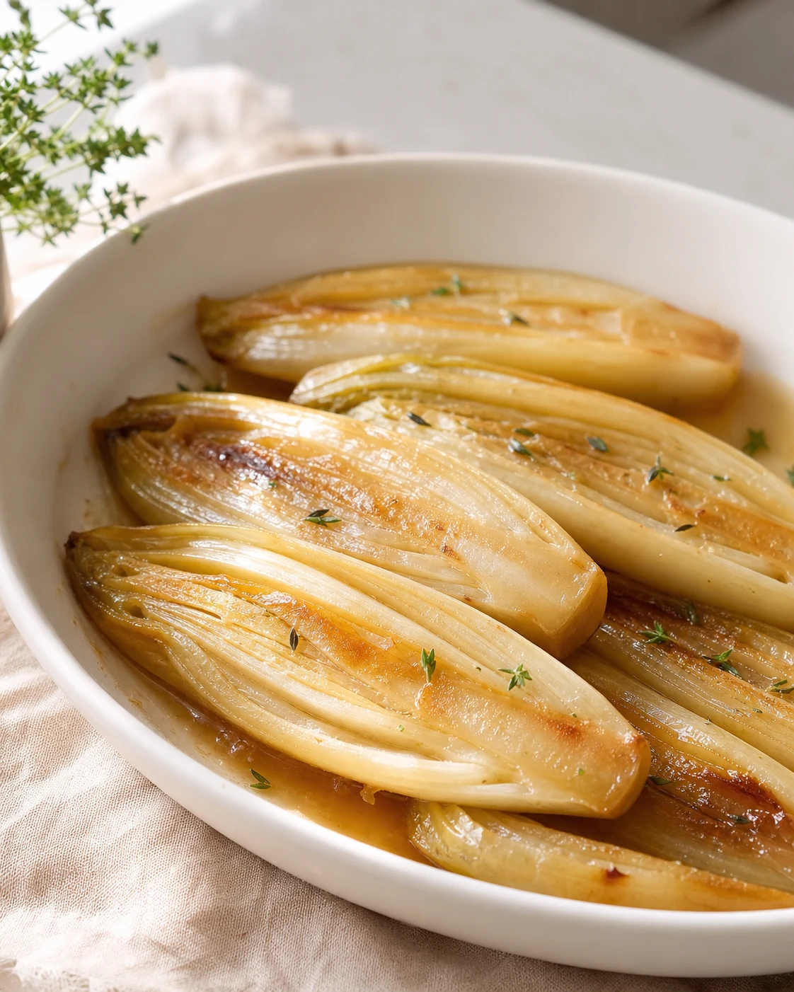 Endives braisees faciles et fondantes, dorees dans un plat clair avec jus brillant