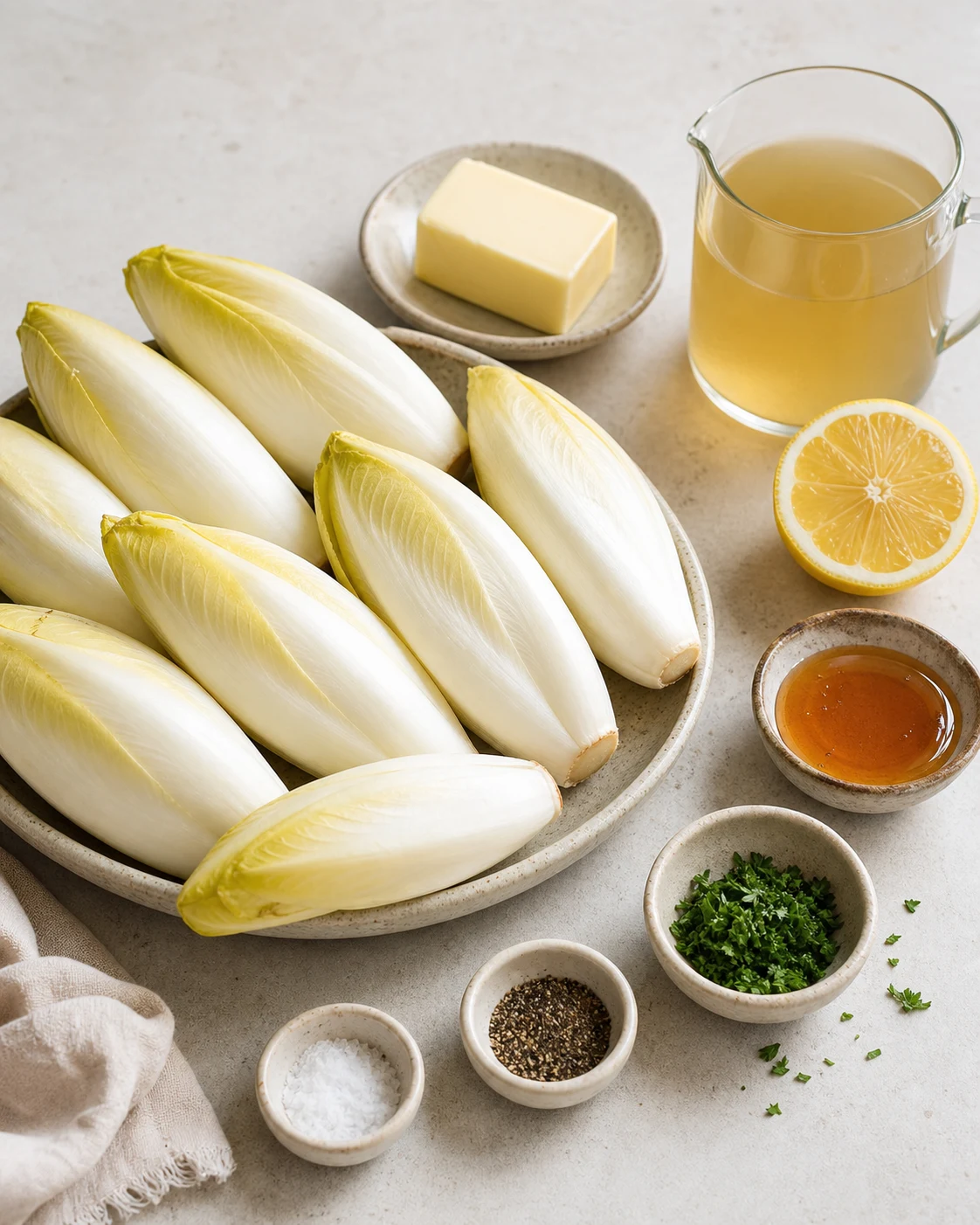 Ingredients pour endives braisees faciles avec endives, beurre, miel, citron, bouillon et persil