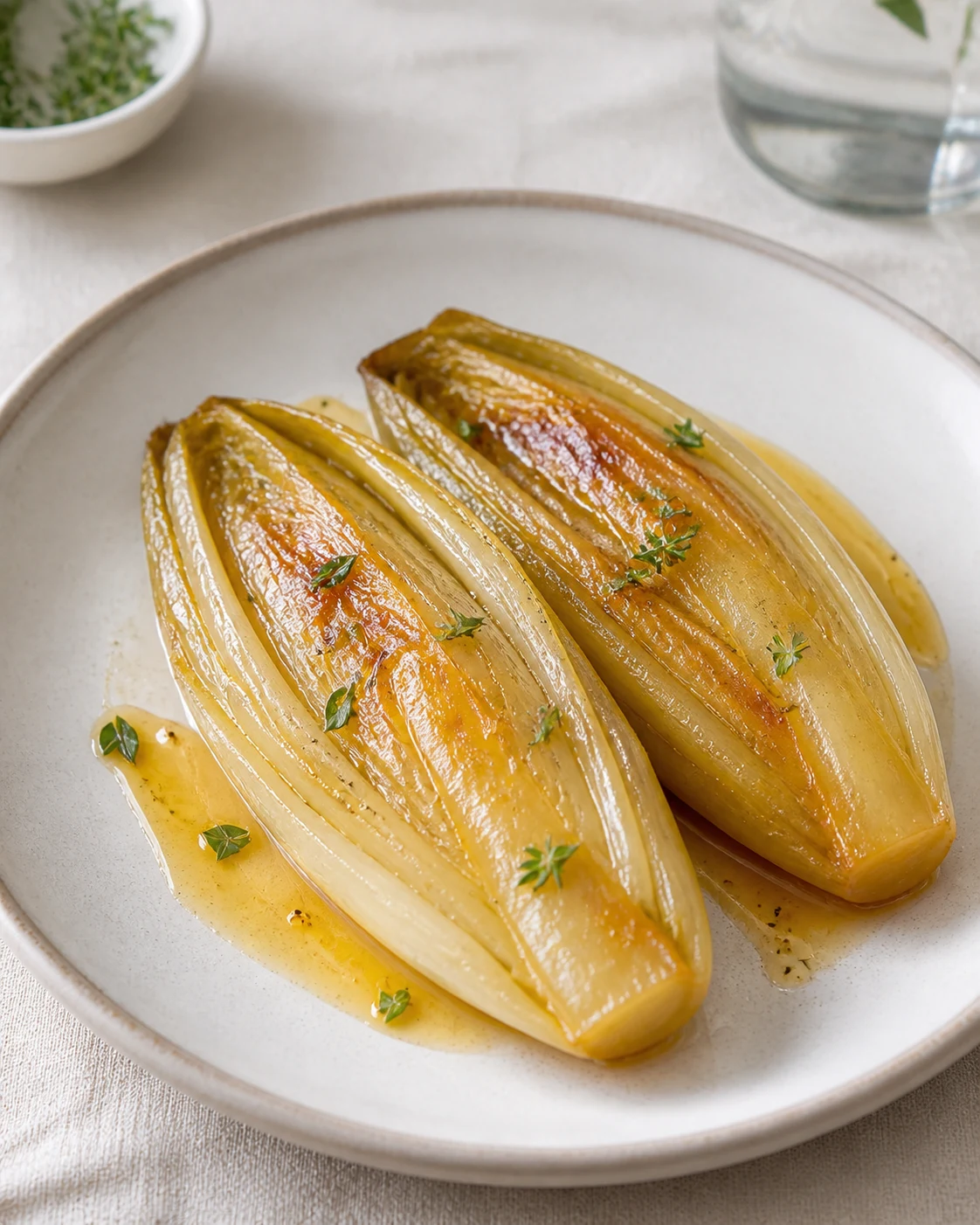 Portion d’endives braisees faciles servie tiede avec jus court et herbes sur assiette claire