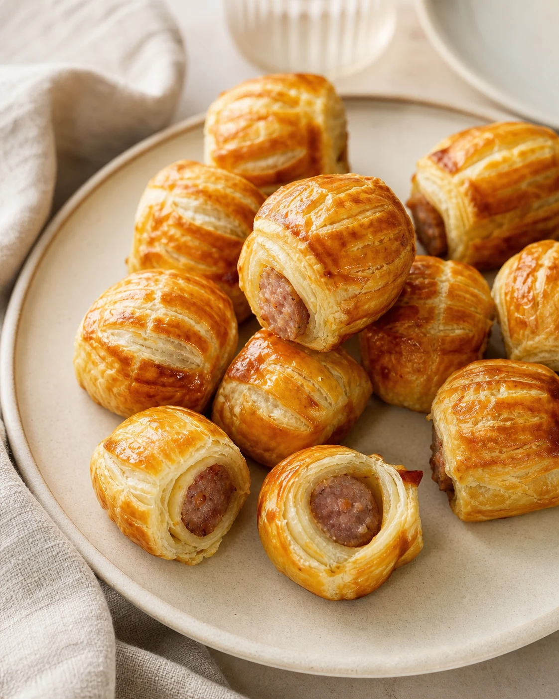 Petits feuilletés saucisse bien dorés servis tièdes sur un plateau clair avec quelques graines visibles en surface