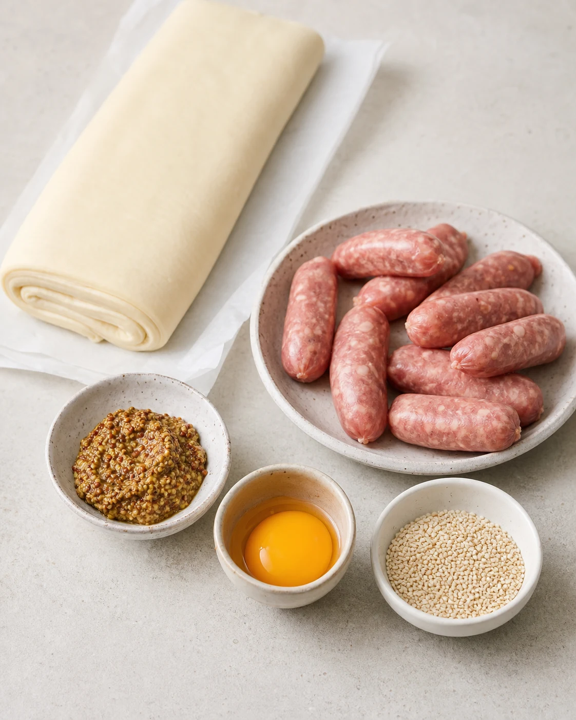 Ingrédients pour feuilletés saucisse apéritif avec pâte feuilletée, petites saucisses, moutarde, jaune d’œuf et graines de sésame sur plan de travail clair