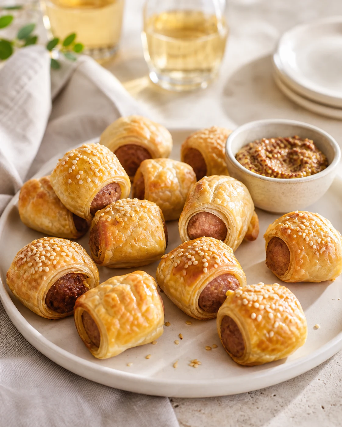 Feuilletés saucisse apéritif servis tièdes sur un plat clair avec petite coupelle de moutarde et serviette en lin