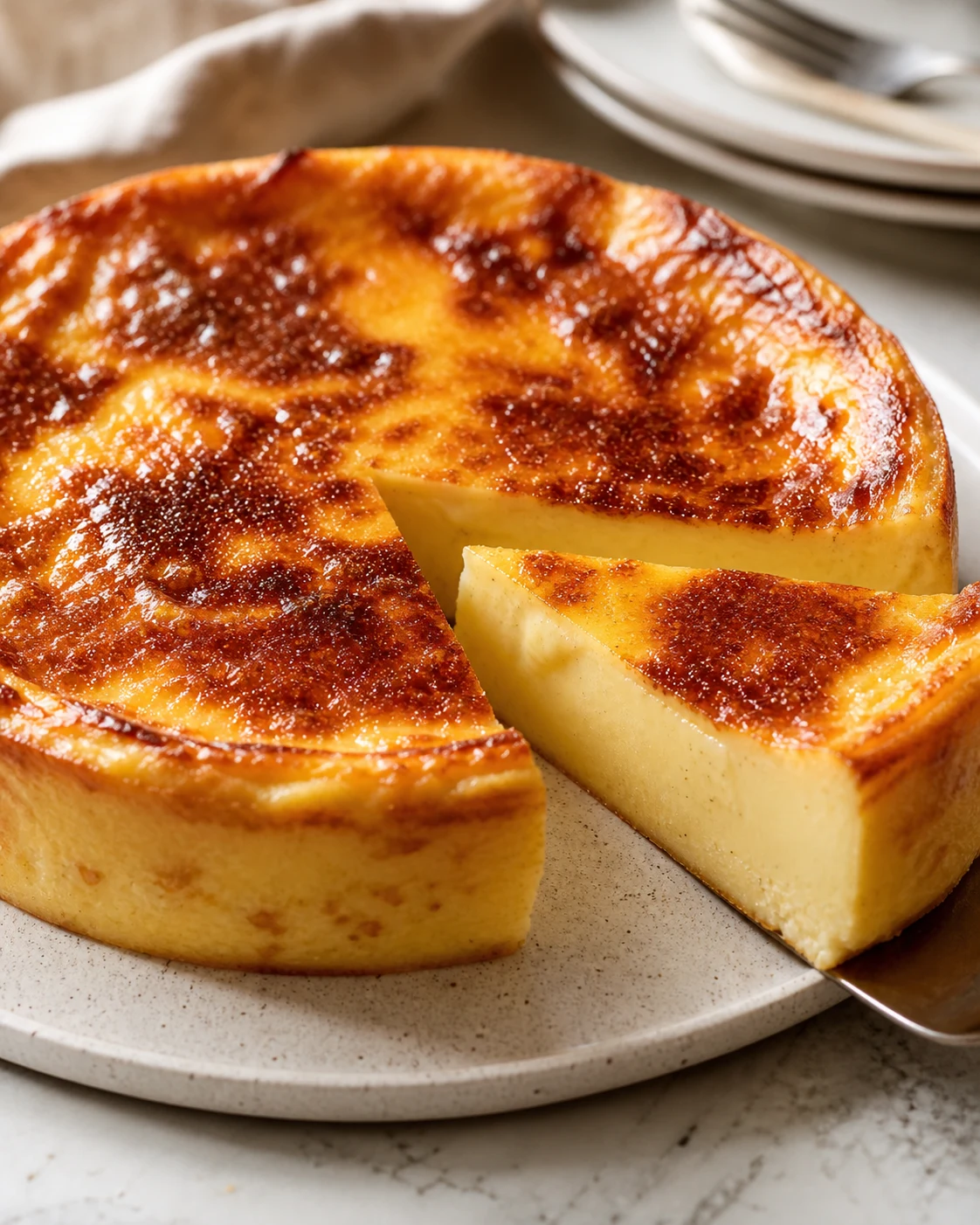 Flan patissier sans pate bien dore avec tranche nette et coeur fondant a la vanille