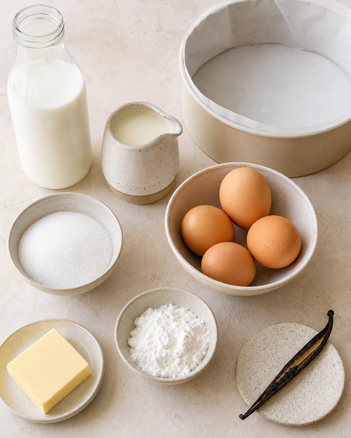 Ingredients du flan patissier sans pate avec lait, creme, oeufs, sucre, Maizena et gousse de vanille sur plan de travail clair